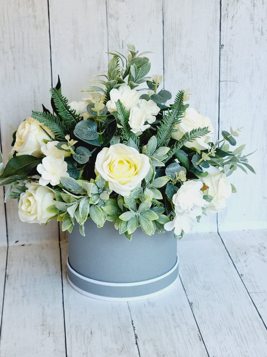 Beautiful faux floral white rose hatbox