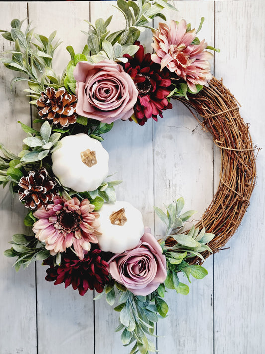 Autumn mauve and white pumpkin wreath