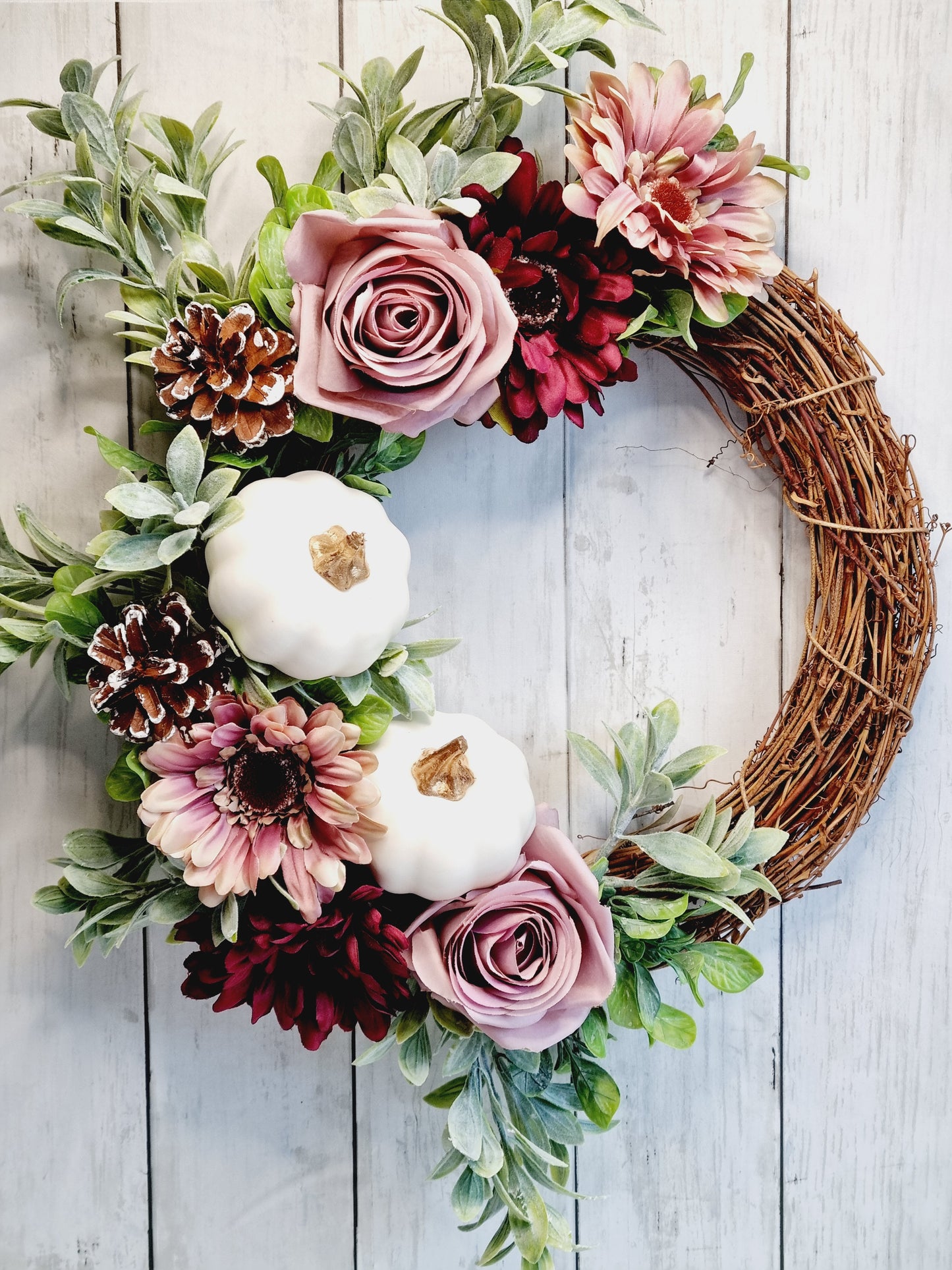 Autumn mauve and white pumpkin wreath