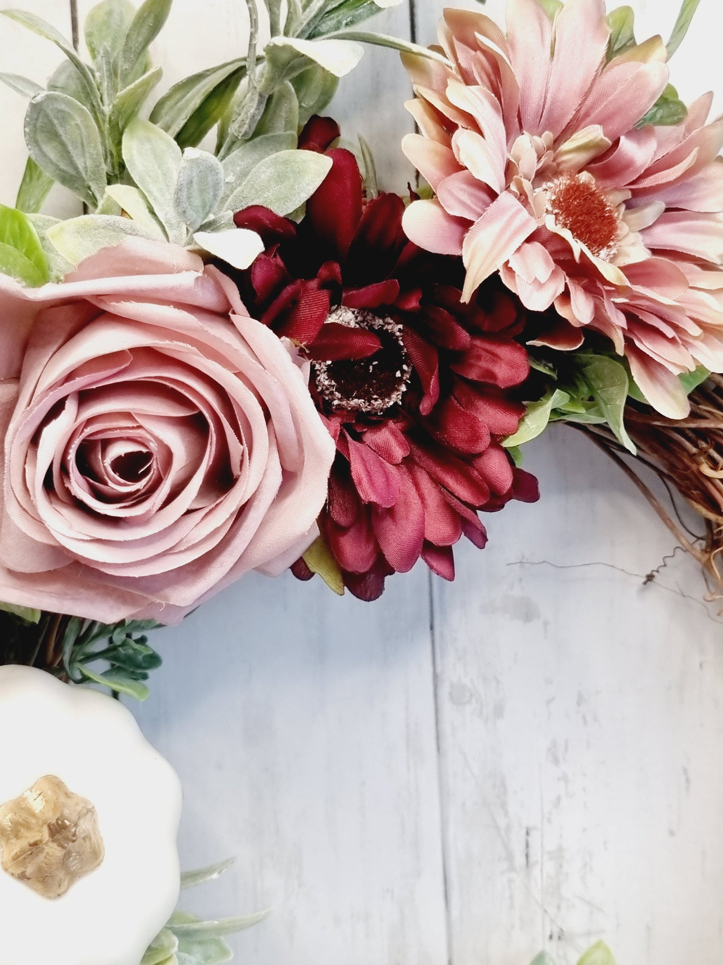 Autumn mauve and white pumpkin wreath