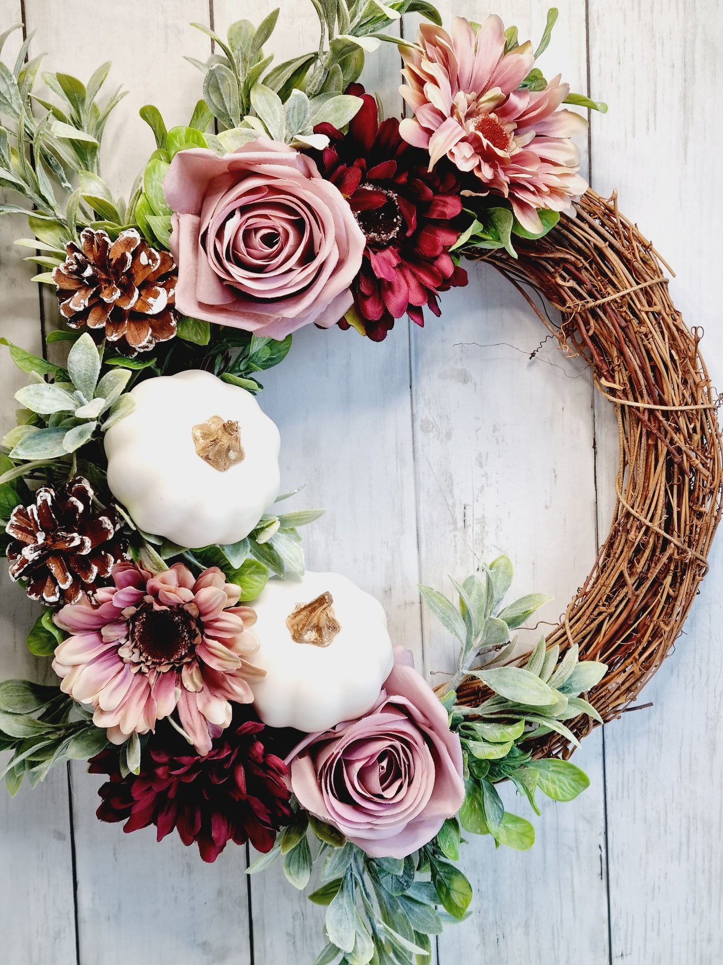 Autumn mauve and white pumpkin wreath