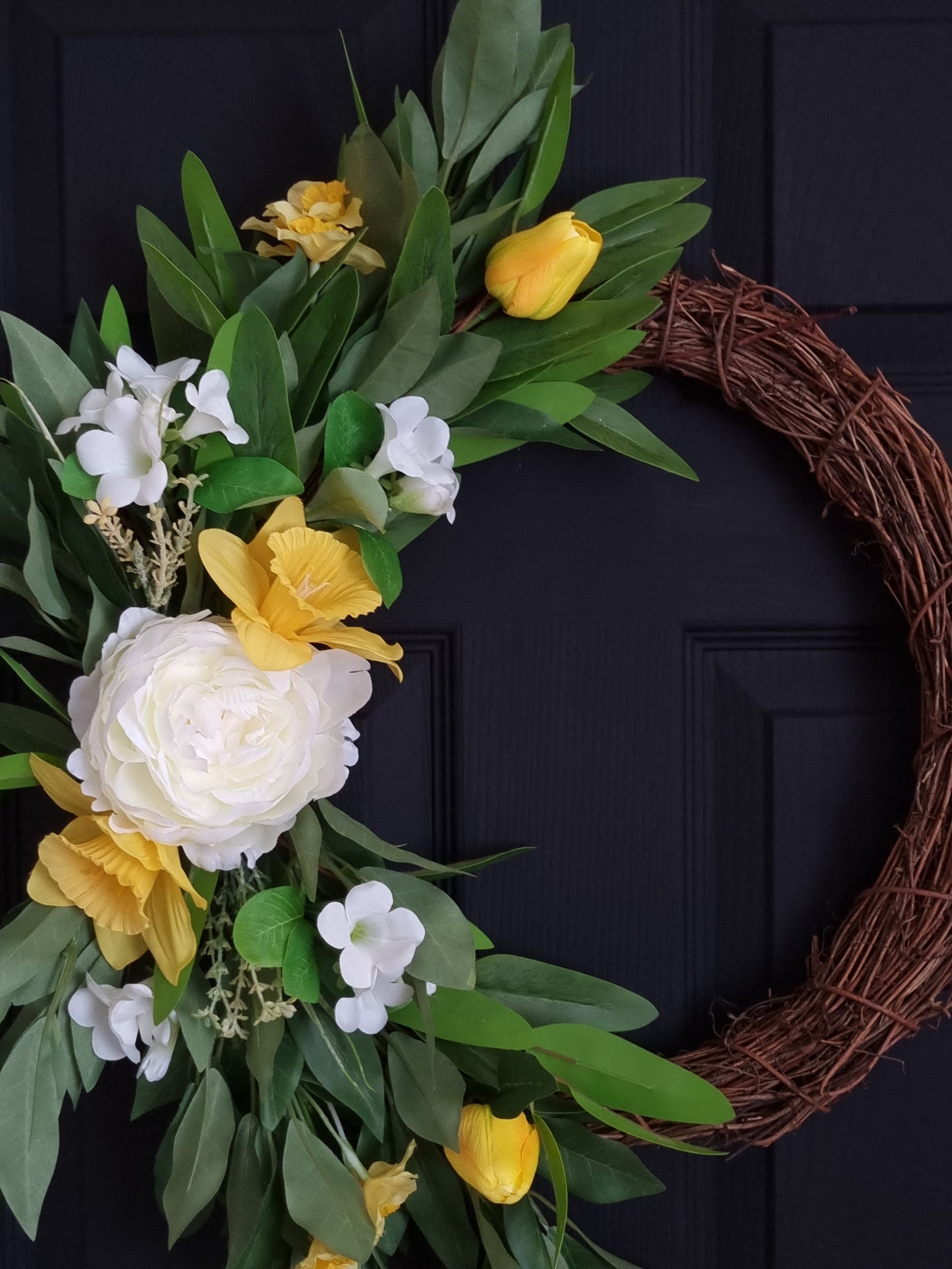 Beautiful white peony and yellow daffodils front door wreath