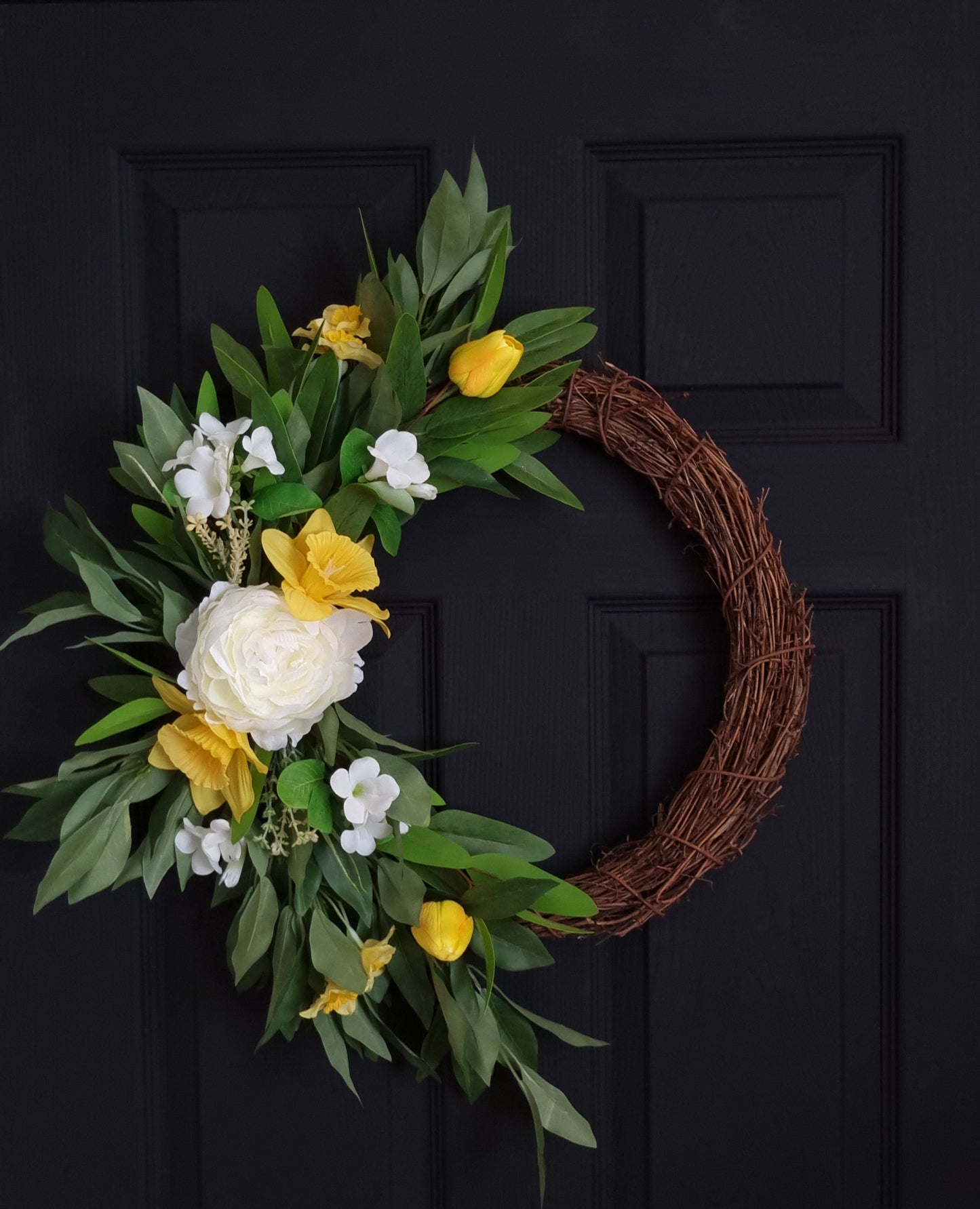 Beautiful white peony and yellow daffodils front door wreath