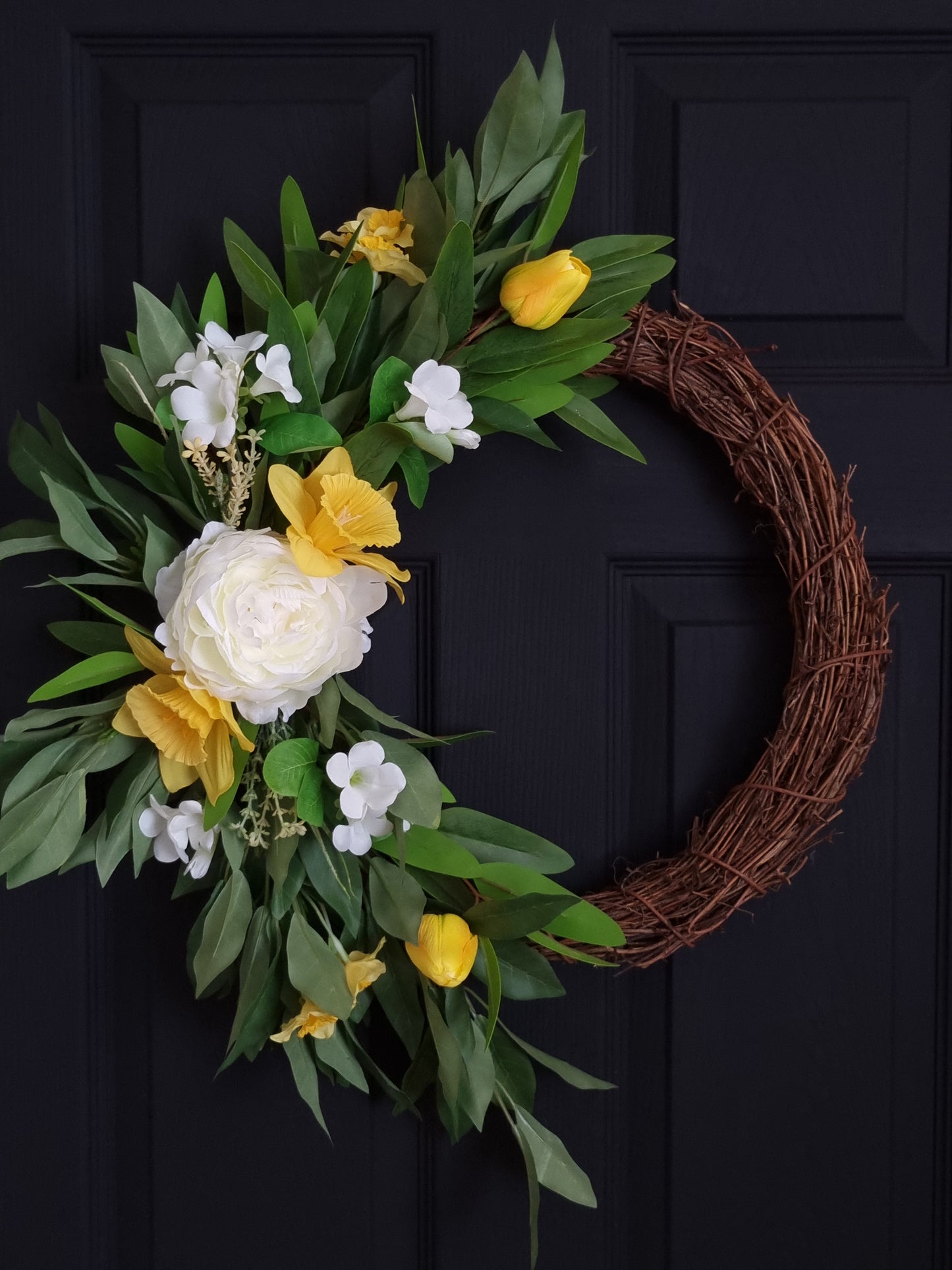 Beautiful white peony and yellow daffodils front door wreath