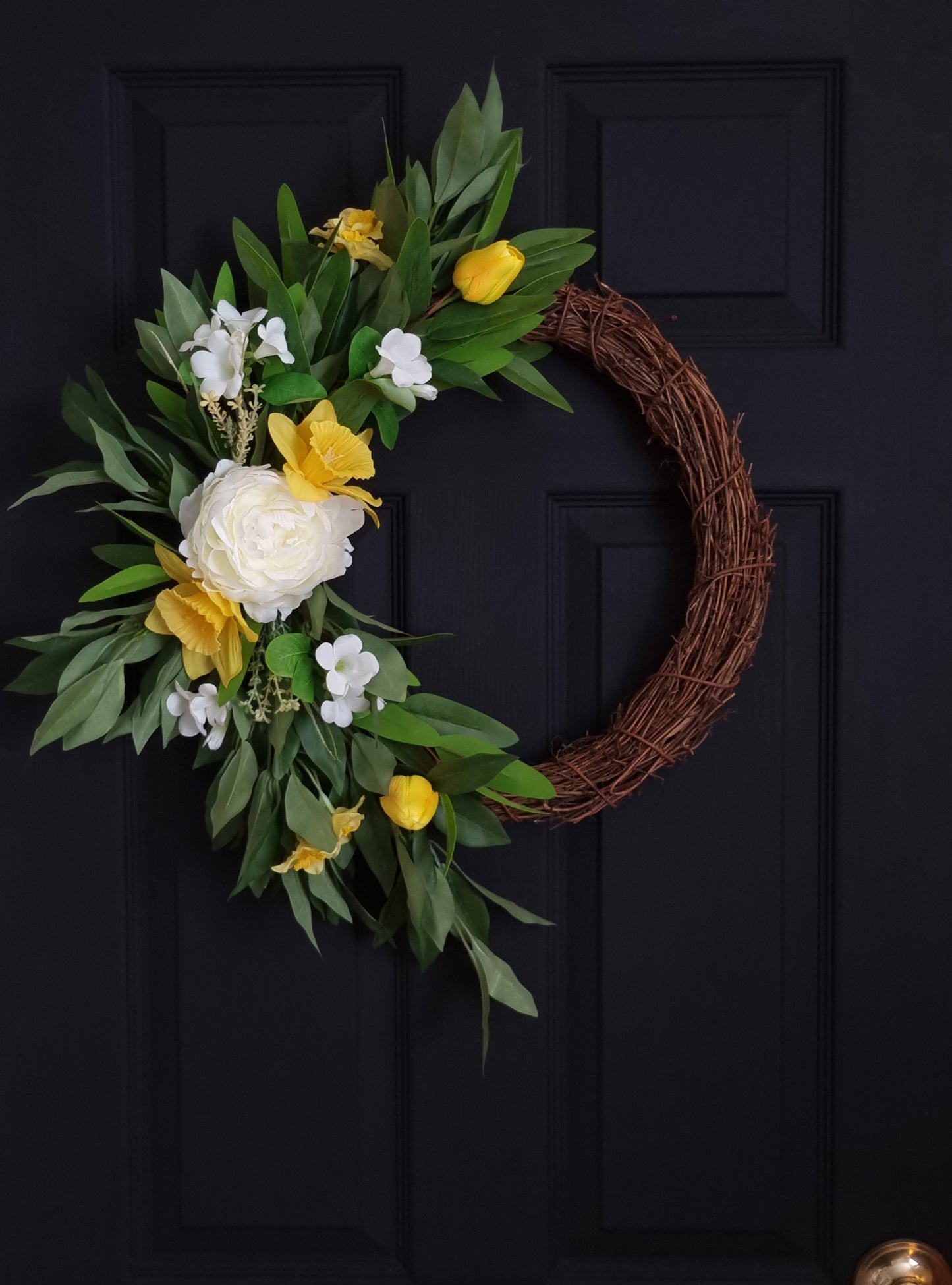 Beautiful white peony and yellow daffodils front door wreath