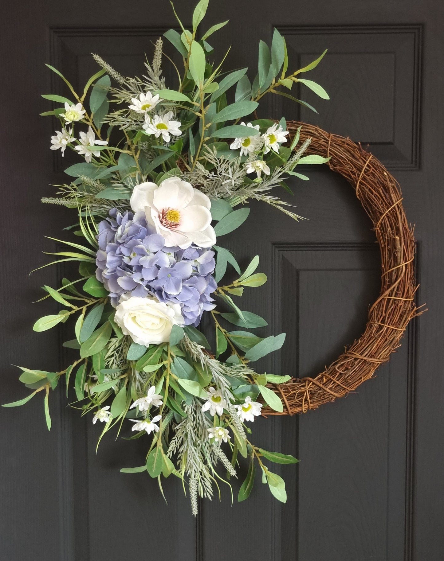 Luxury blue hydrangea and magnolia front door wreath