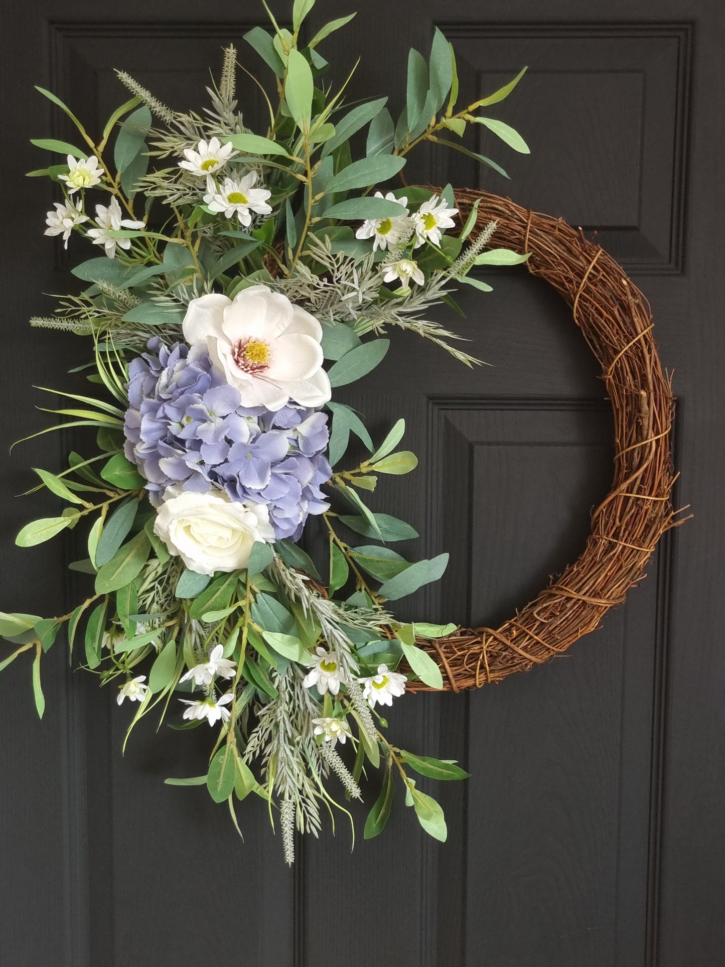 Luxury blue hydrangea and magnolia front door wreath