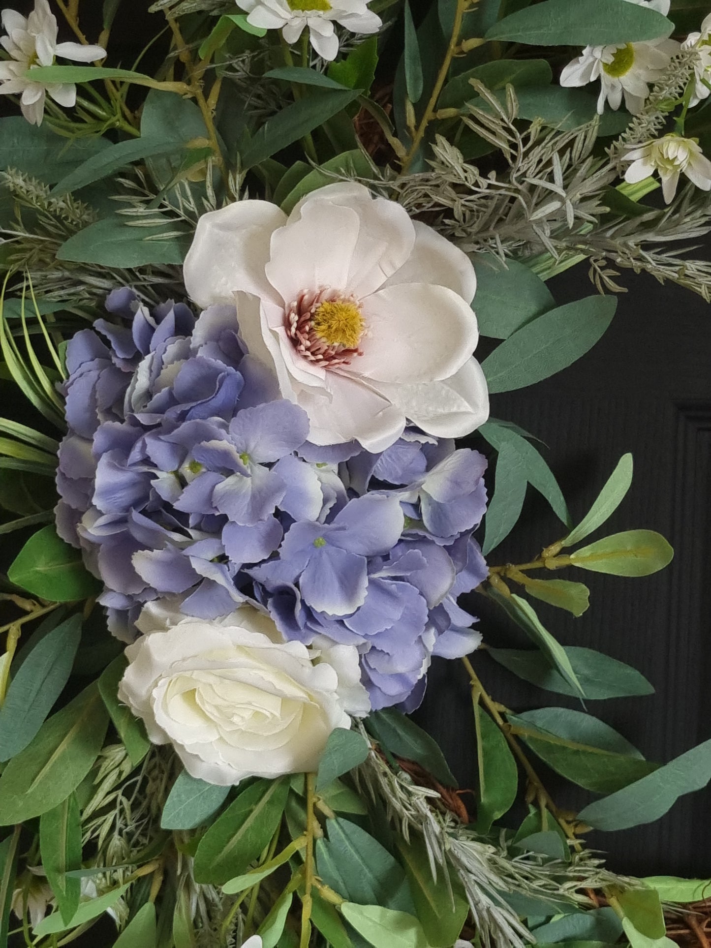 Luxury blue hydrangea and magnolia front door wreath