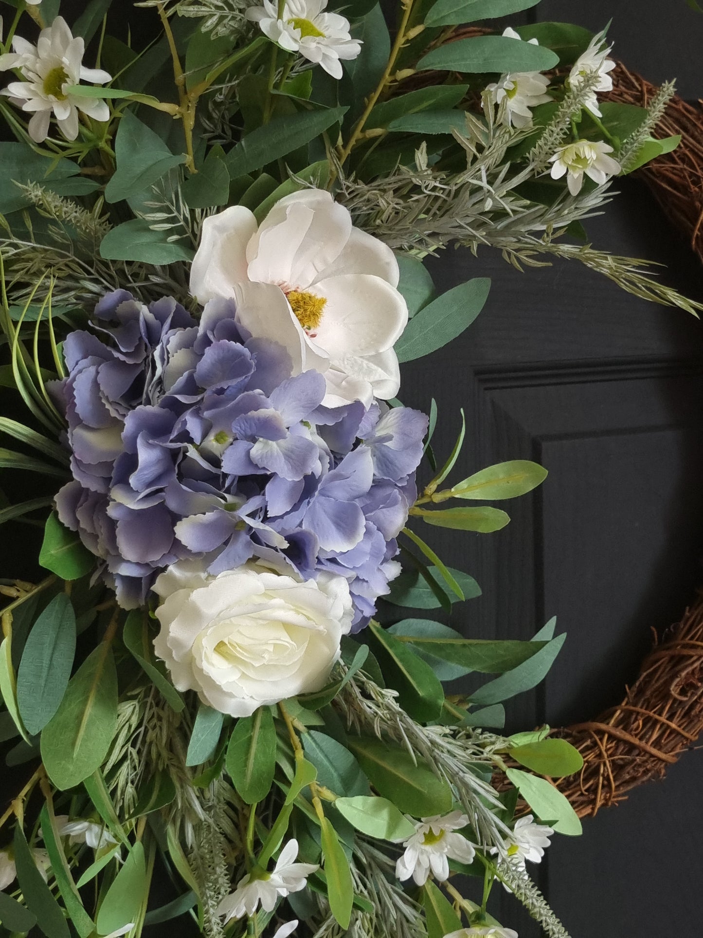 Luxury blue hydrangea and magnolia front door wreath