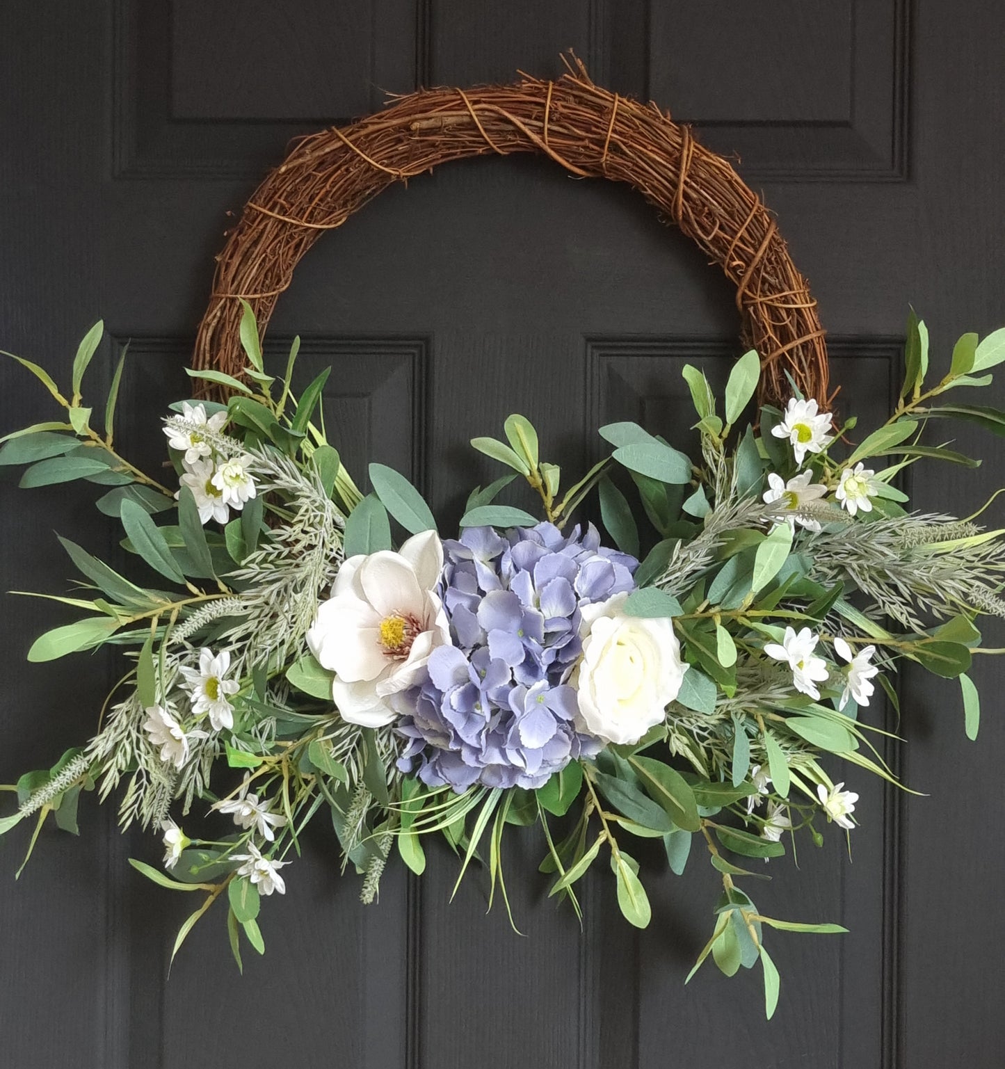 Luxury blue hydrangea and magnolia front door wreath