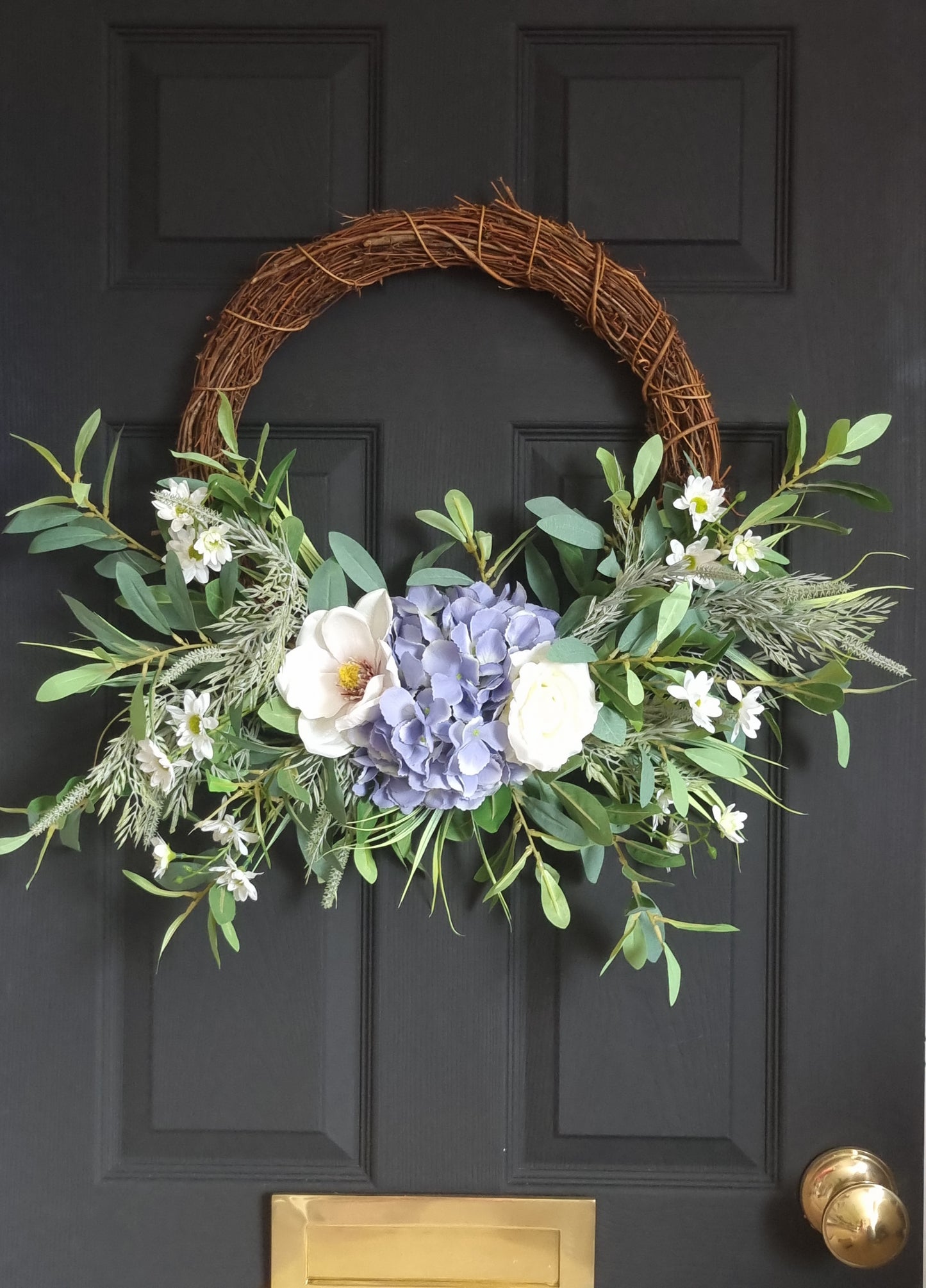 Luxury blue hydrangea and magnolia front door wreath