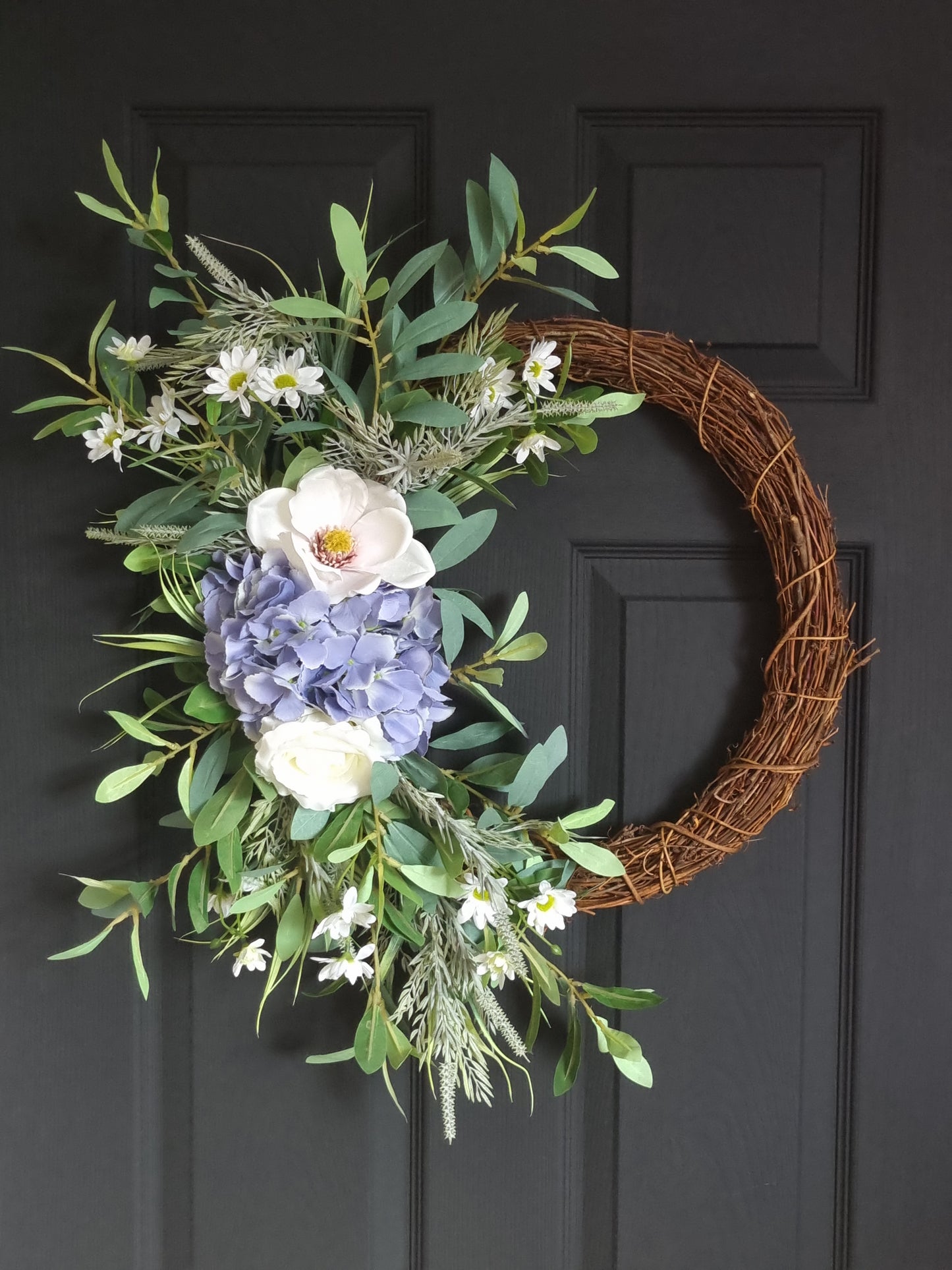 Luxury blue hydrangea and magnolia front door wreath