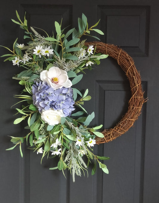 Luxury blue hydrangea and magnolia front door wreath