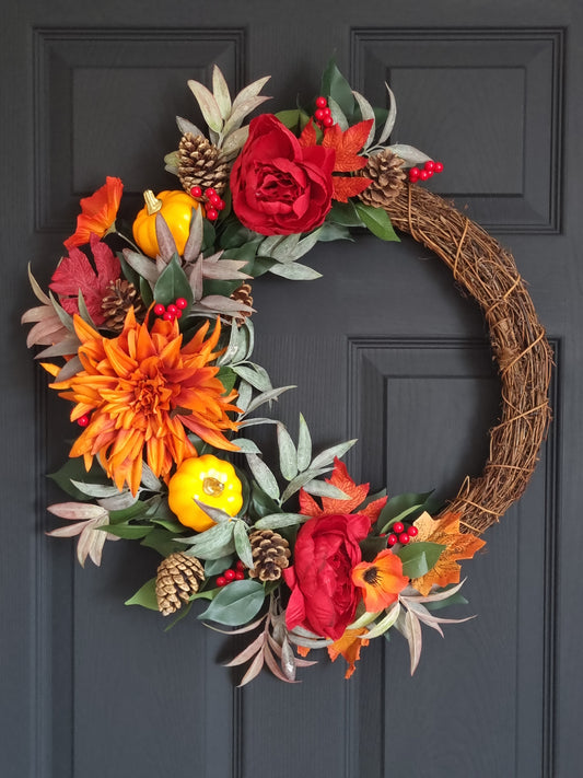 Luxury orange pumpkin and red rose wreath