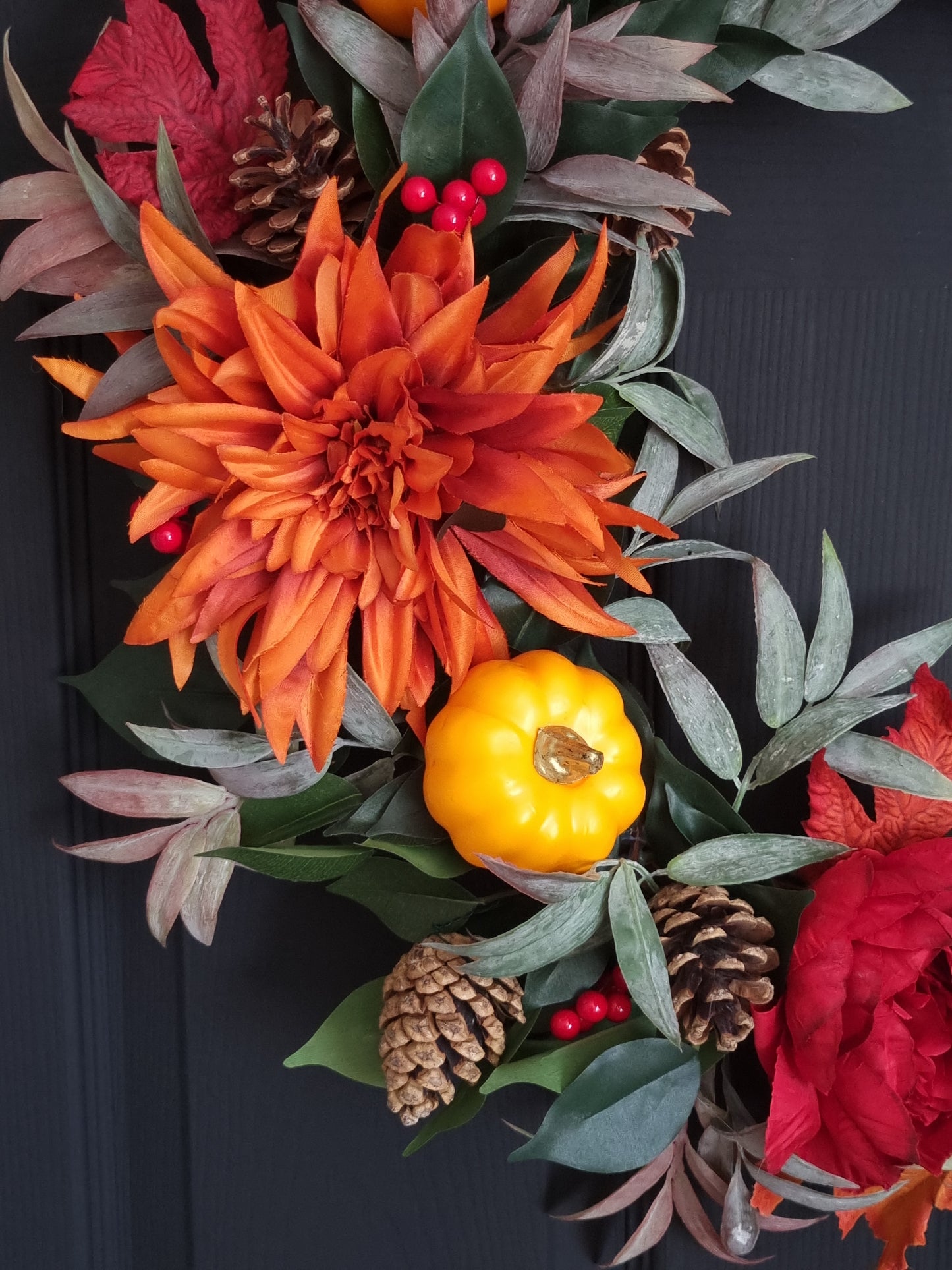 Luxury orange pumpkin and red rose wreath