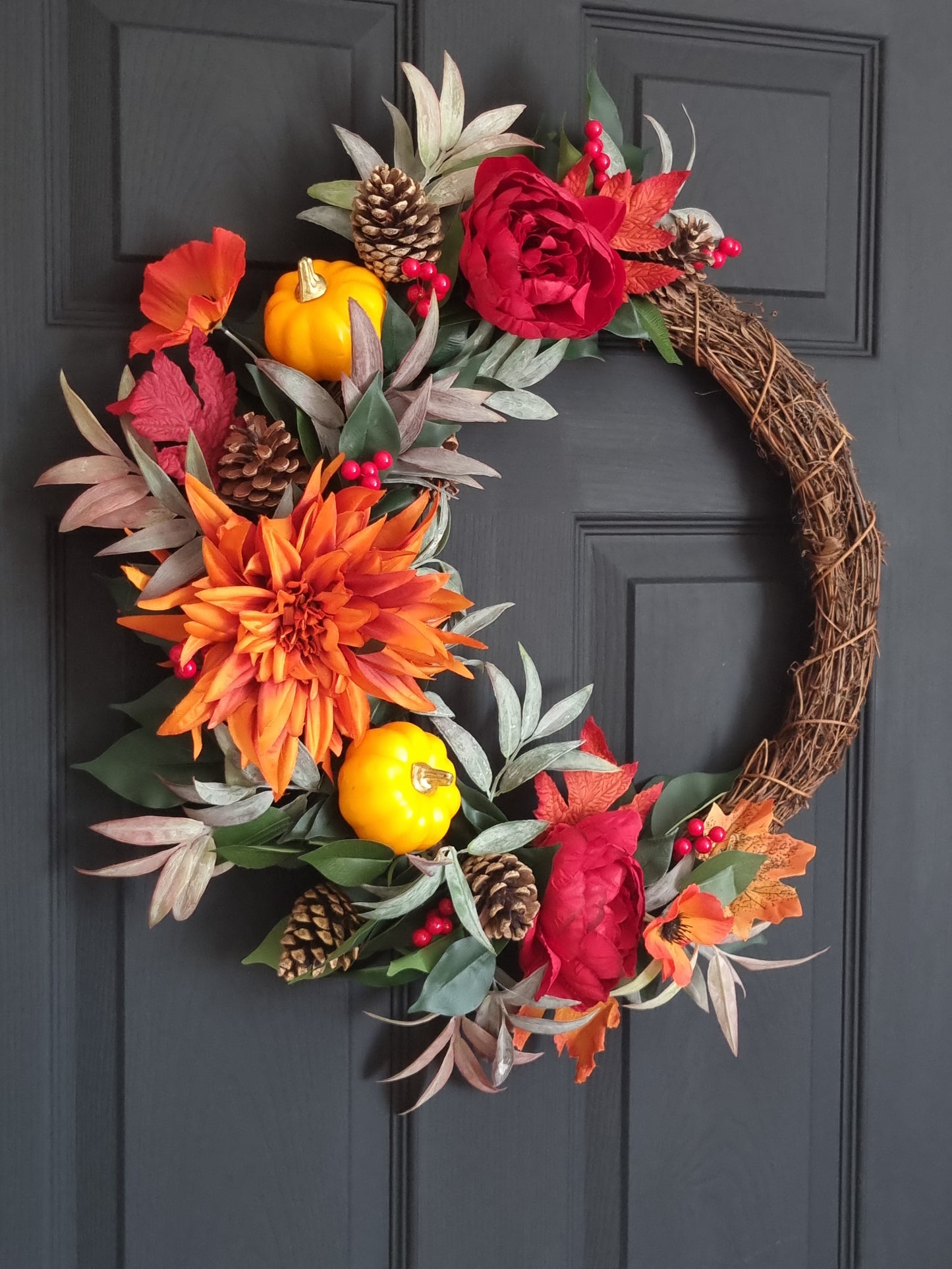 Luxury orange pumpkin and red rose wreath