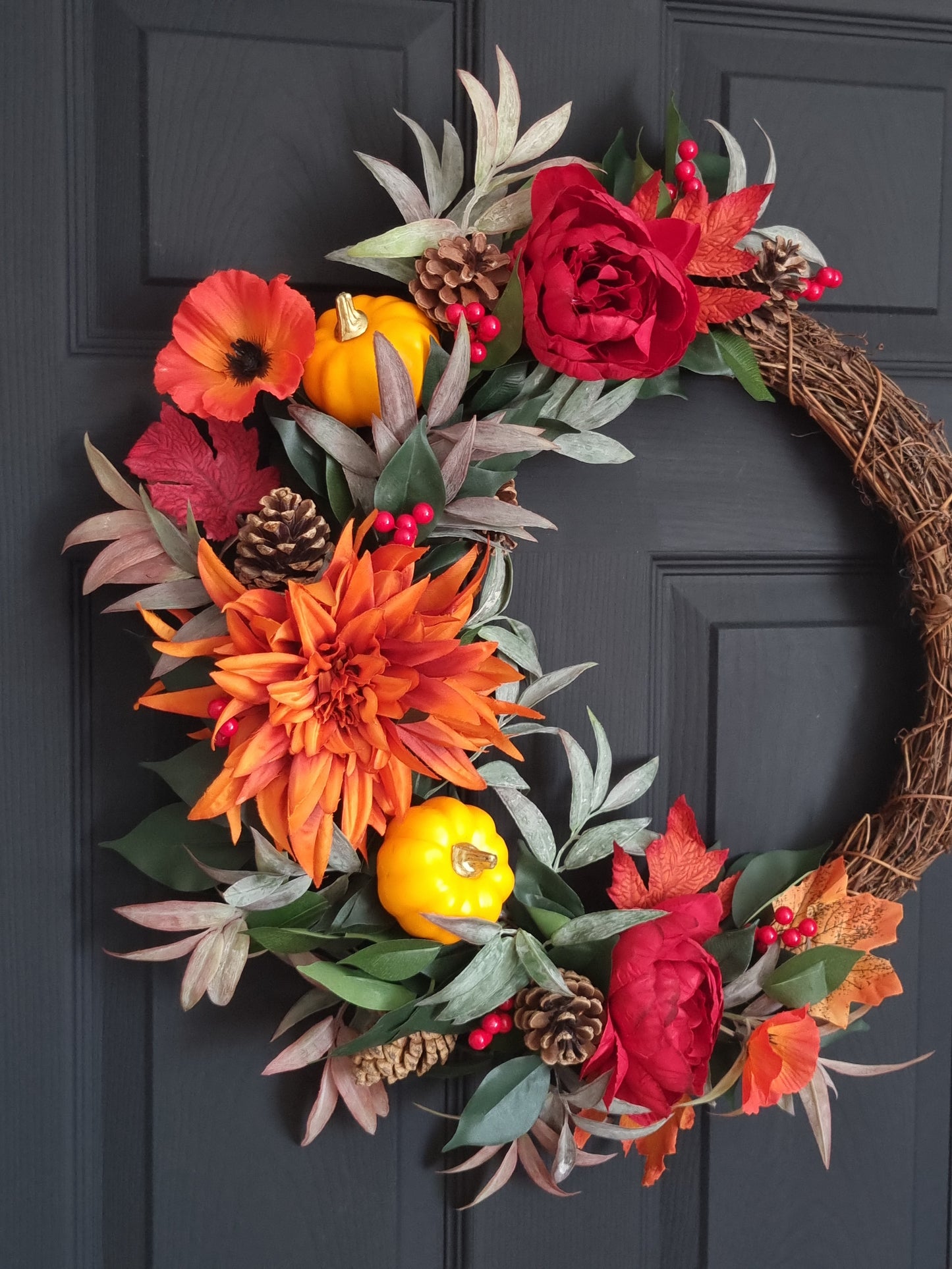 Luxury orange pumpkin and red rose wreath