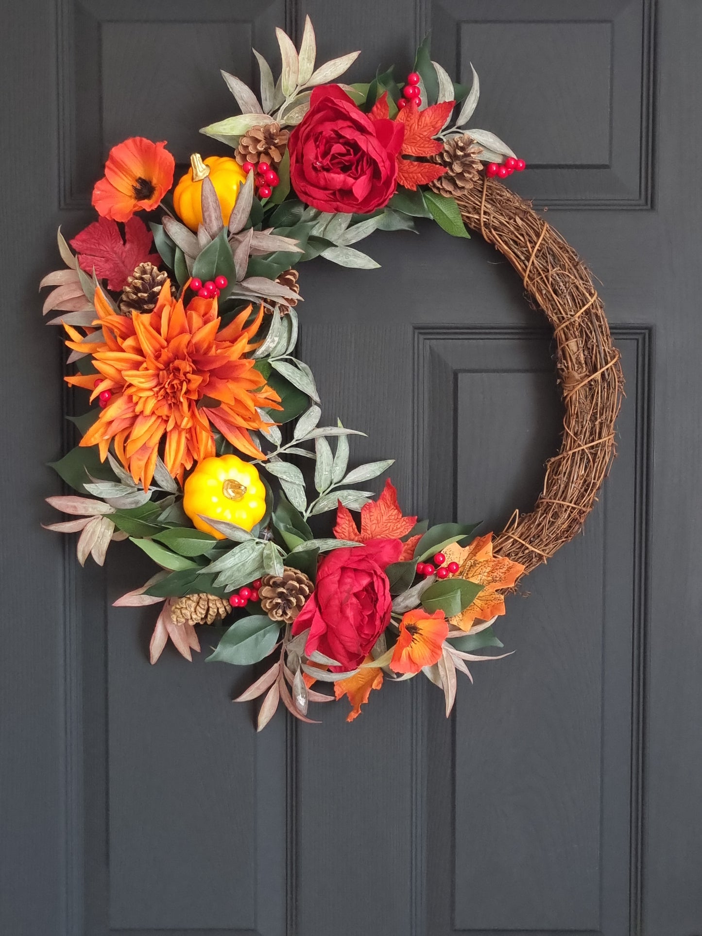 Luxury orange pumpkin and red rose wreath