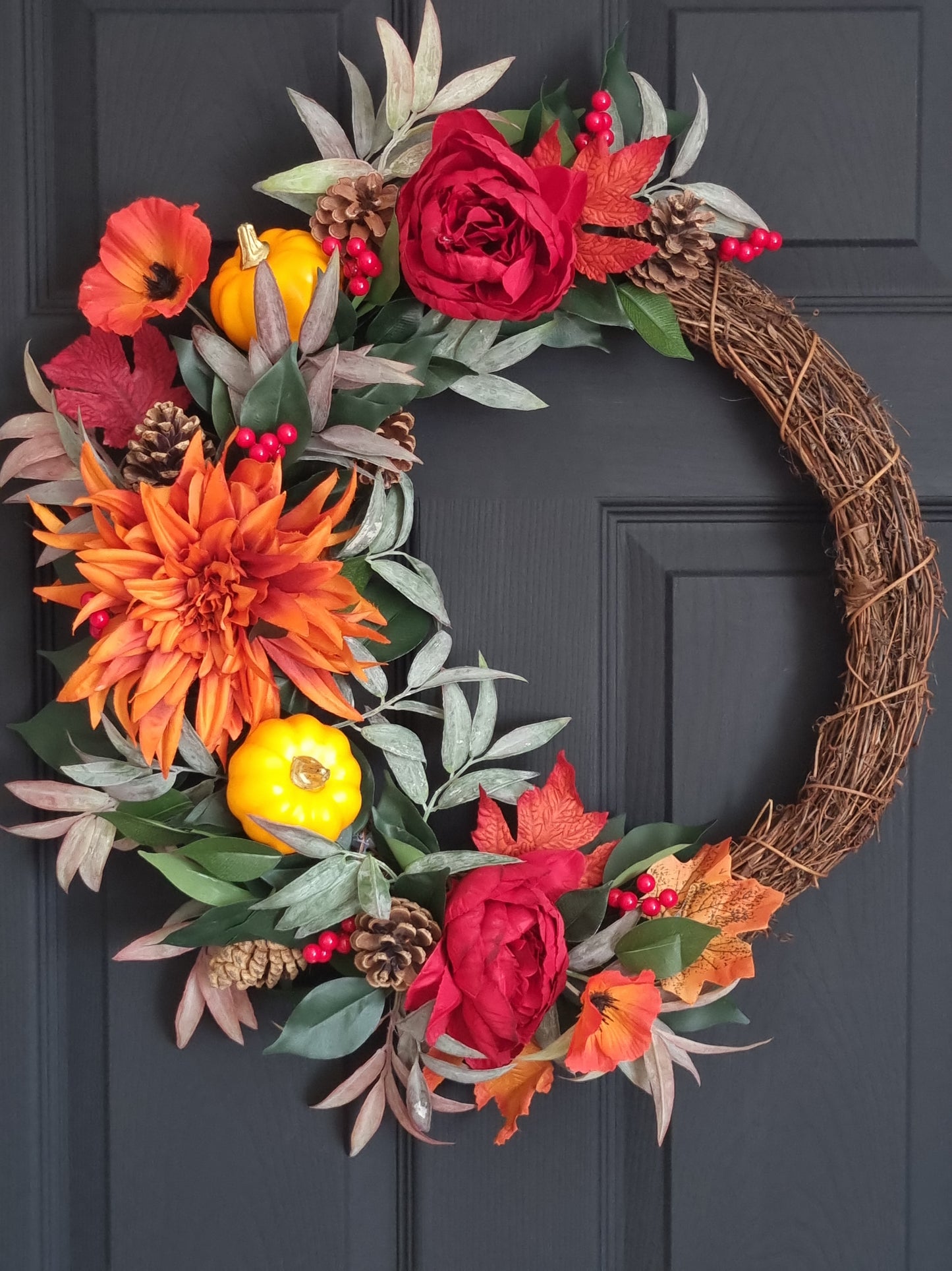 Luxury orange pumpkin and red rose wreath