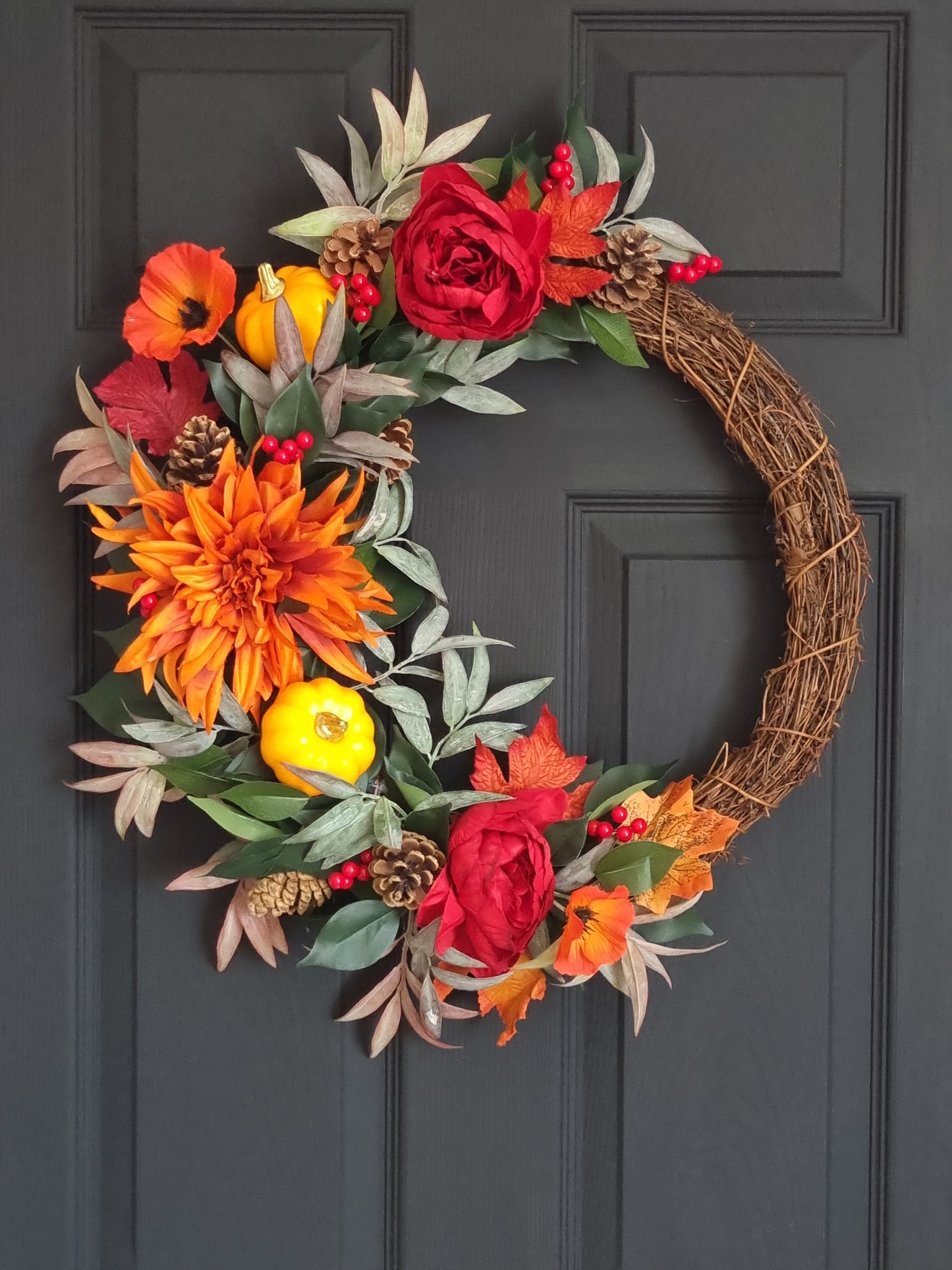 Luxury orange pumpkin and red rose wreath