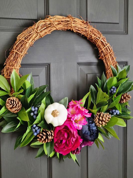 Autumn ceris and navy pumpkin wreath