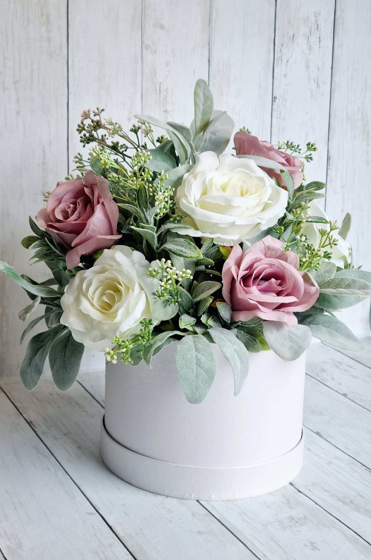 Luxury white rose and mauve artificial floral hatbox