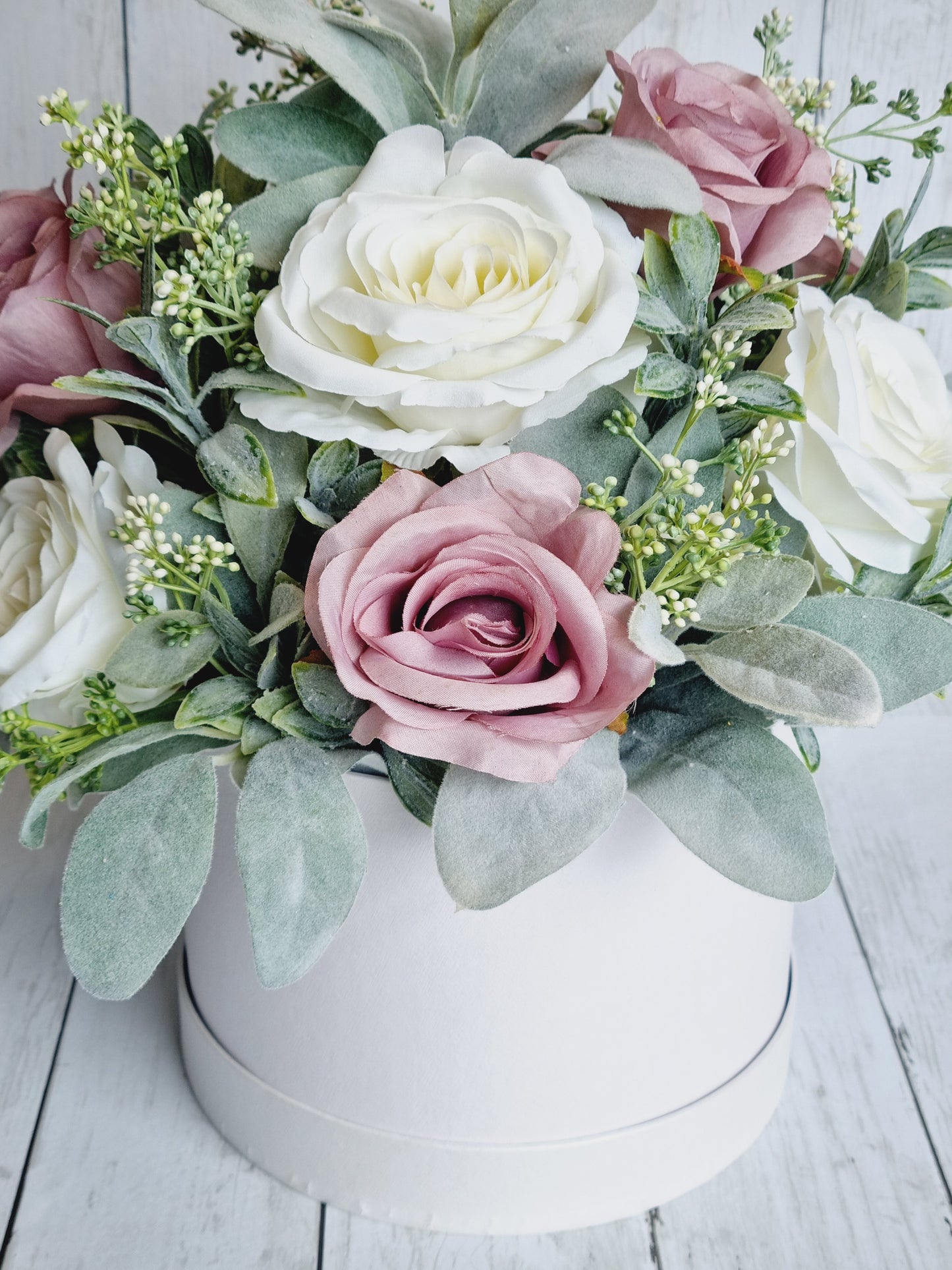 Luxury white rose and mauve artificial floral hatbox