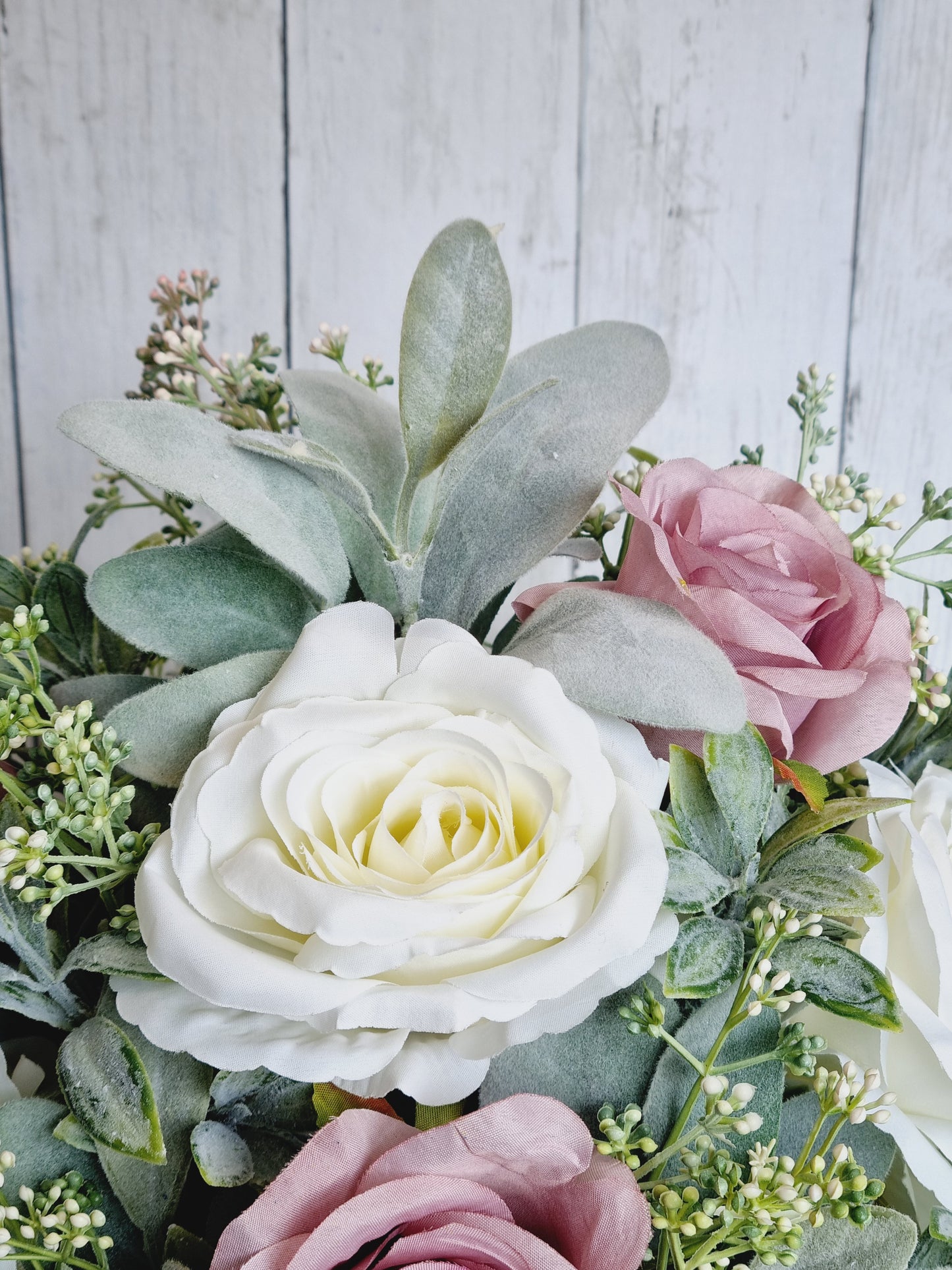 Luxury white rose and mauve artificial floral hatbox