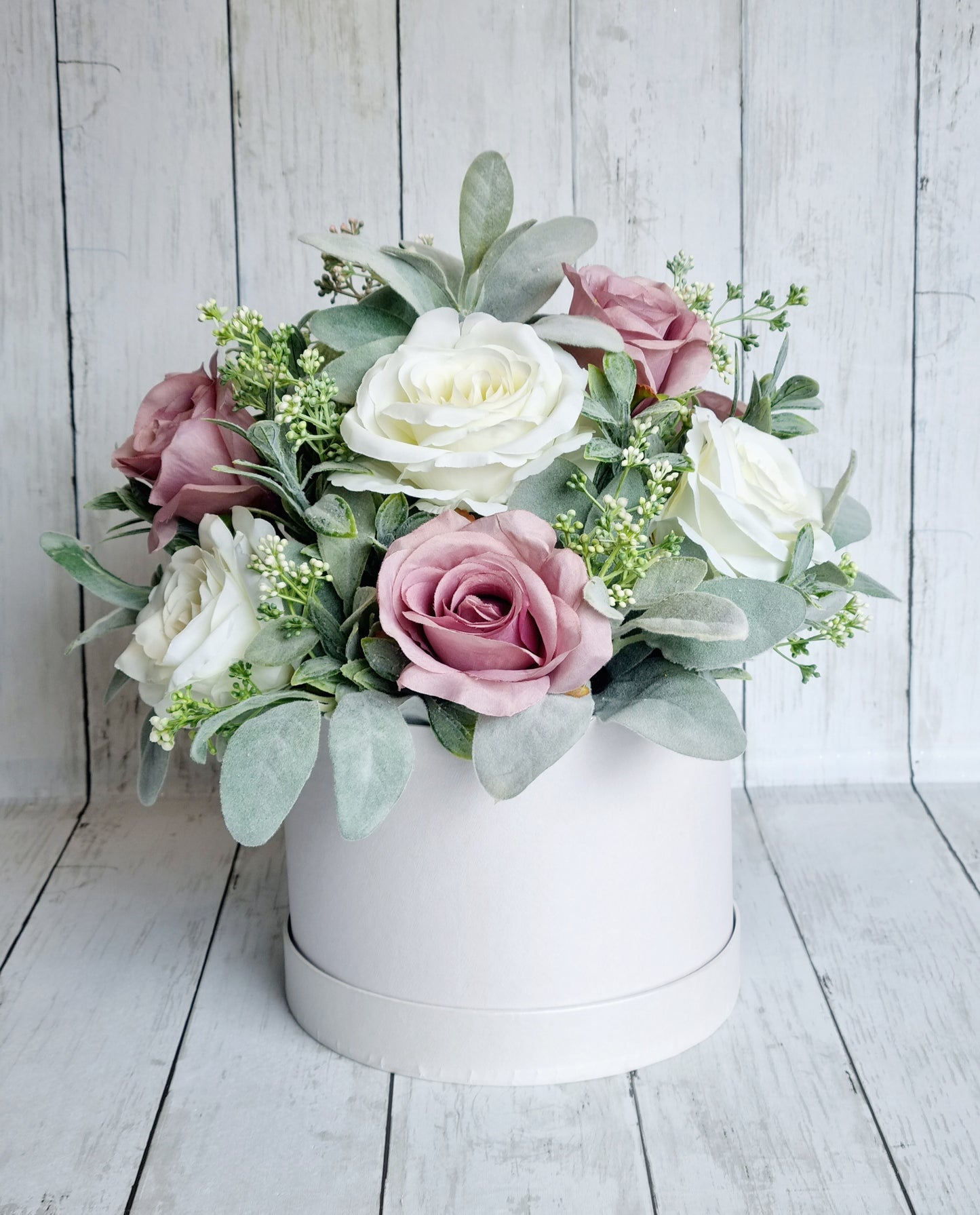 Luxury white rose and mauve artificial floral hatbox