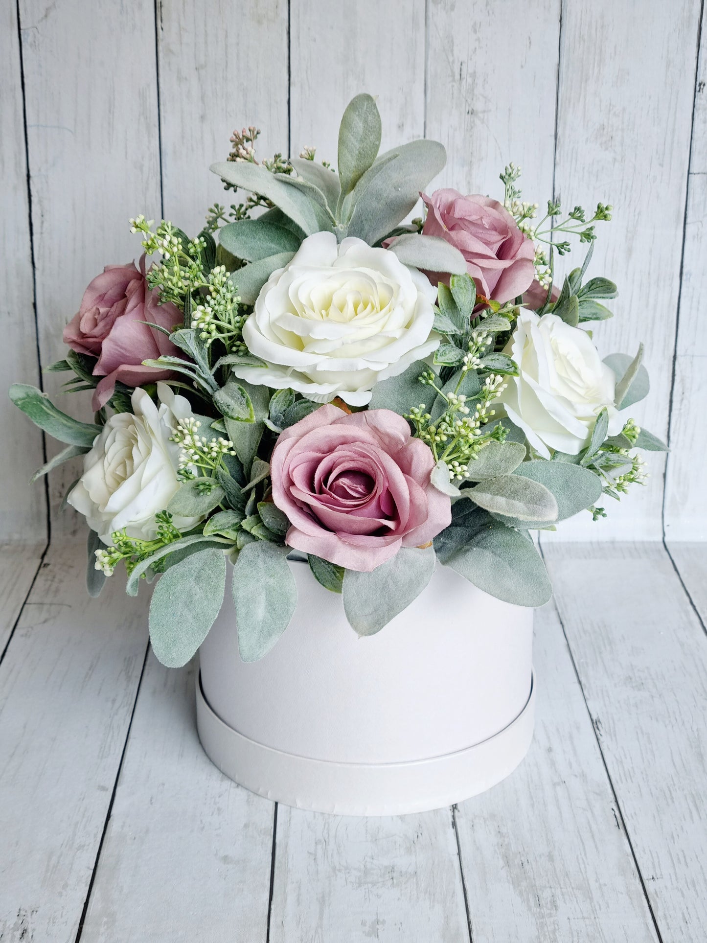 Luxury white rose and mauve artificial floral hatbox