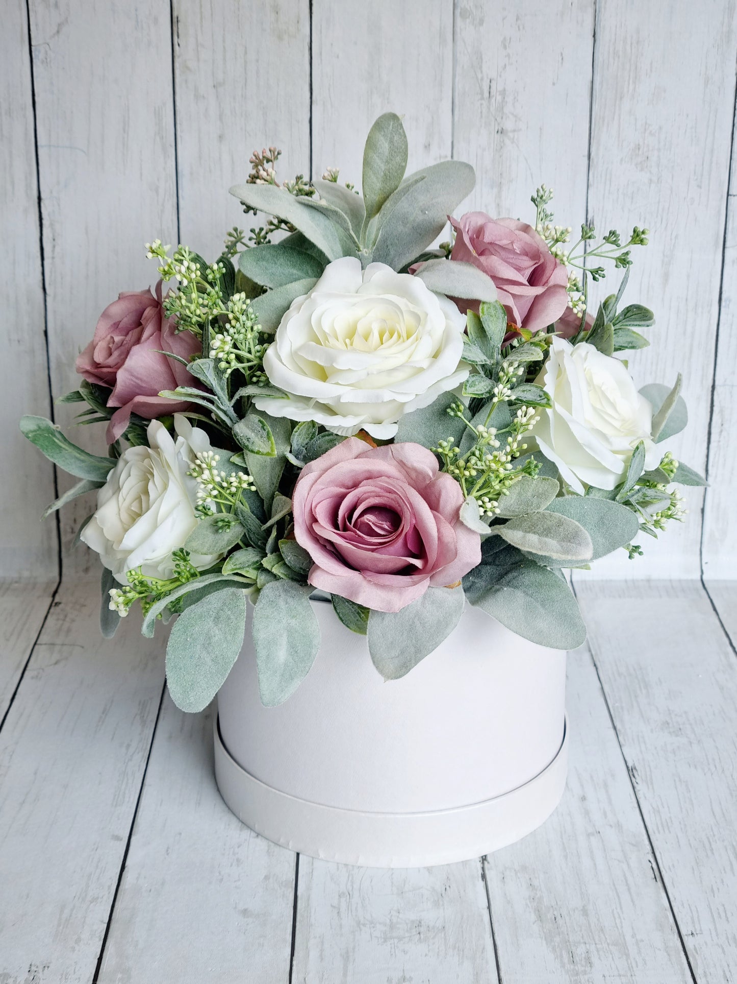 Luxury white rose and mauve artificial floral hatbox