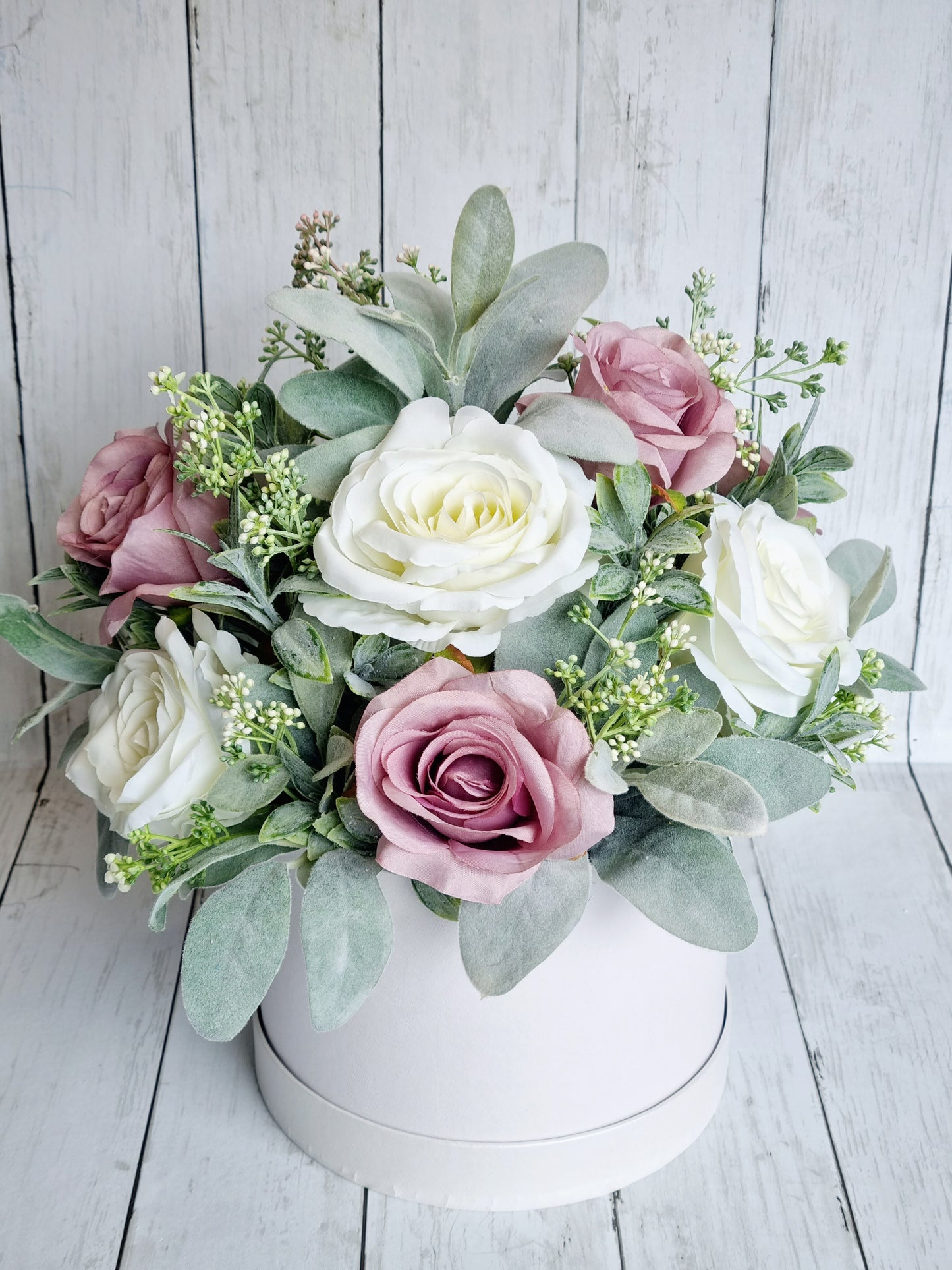 Luxury white rose and mauve artificial floral hatbox