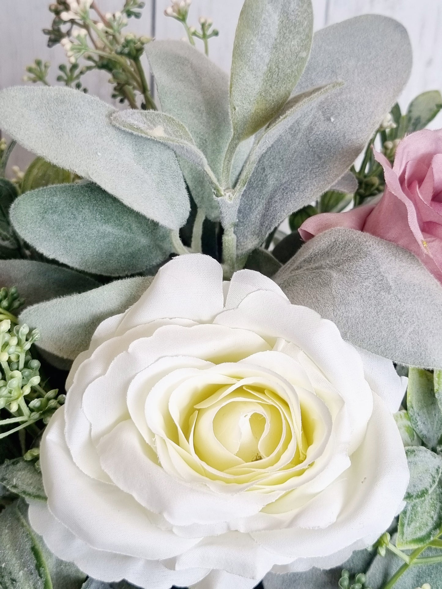 Luxury white rose and mauve artificial floral hatbox