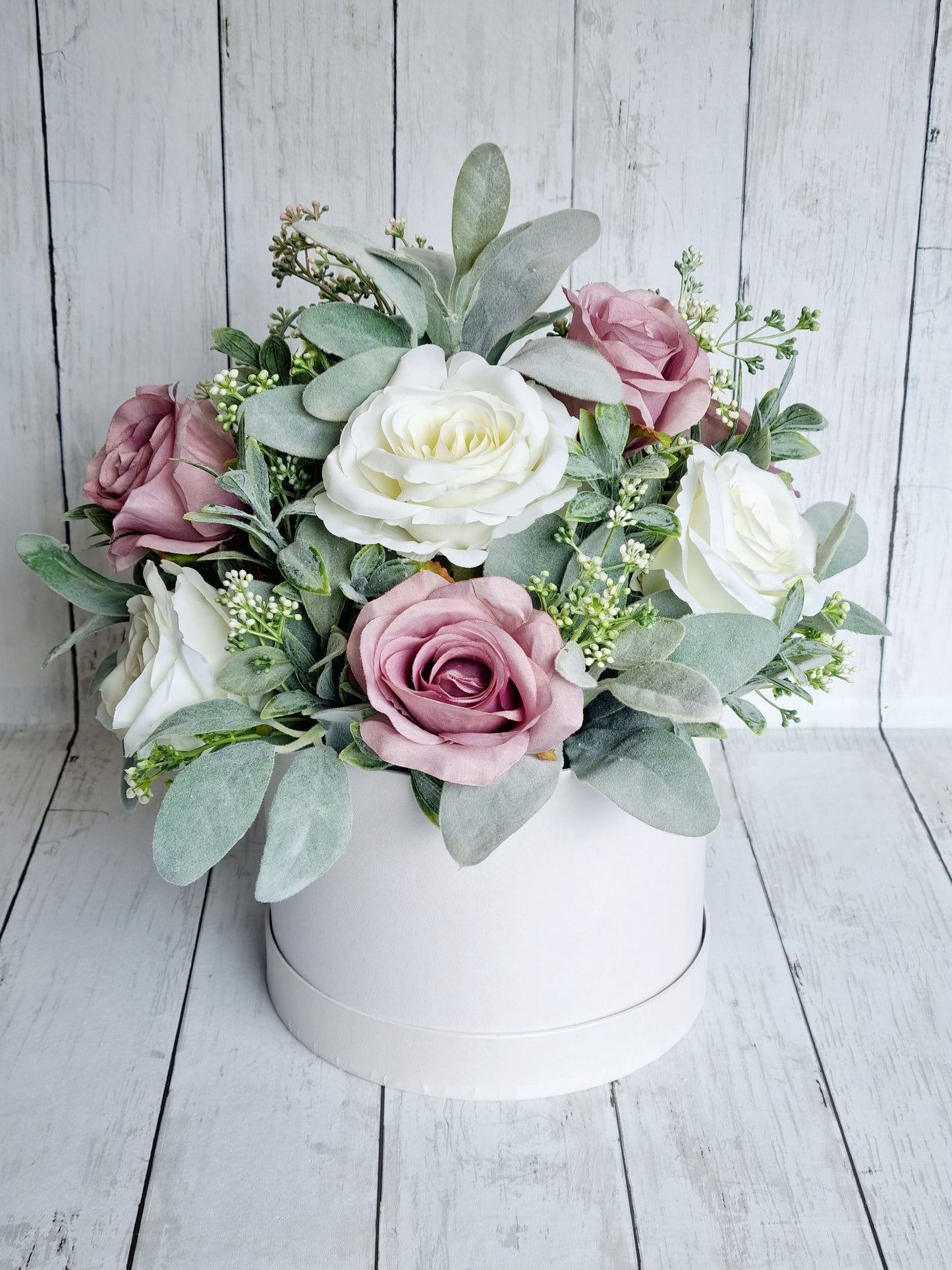 Luxury white rose and mauve artificial floral hatbox