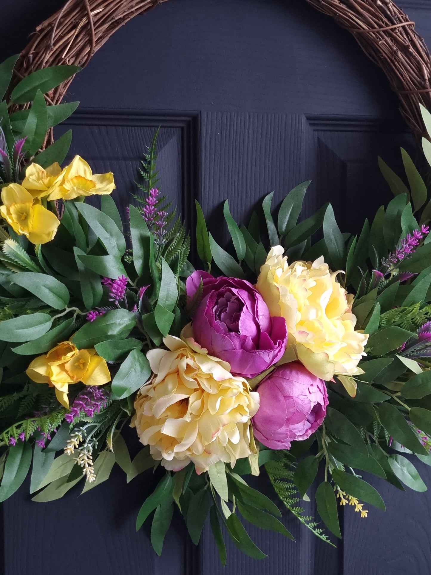 Luxury lilac peony with yellow daffodils front door wreath