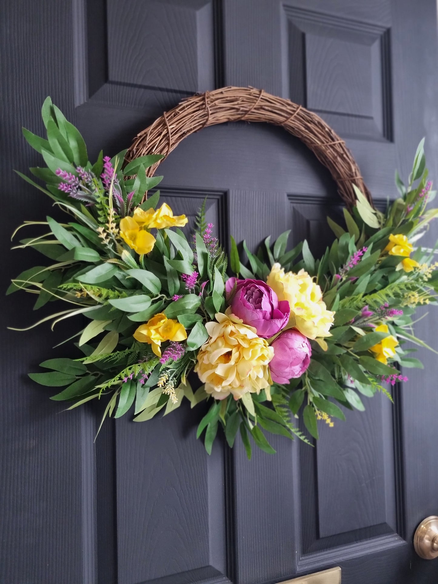 Luxury lilac peony with yellow daffodils front door wreath