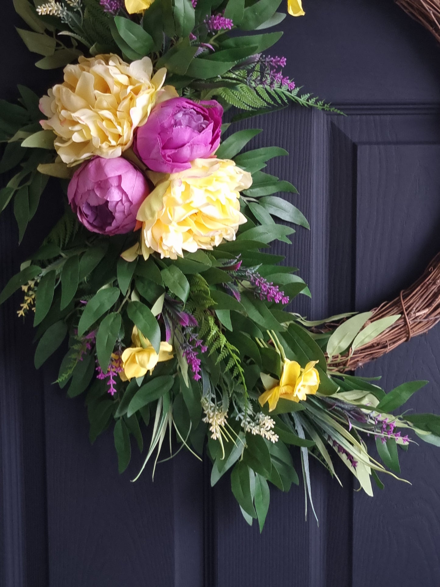 Luxury lilac peony with yellow daffodils front door wreath