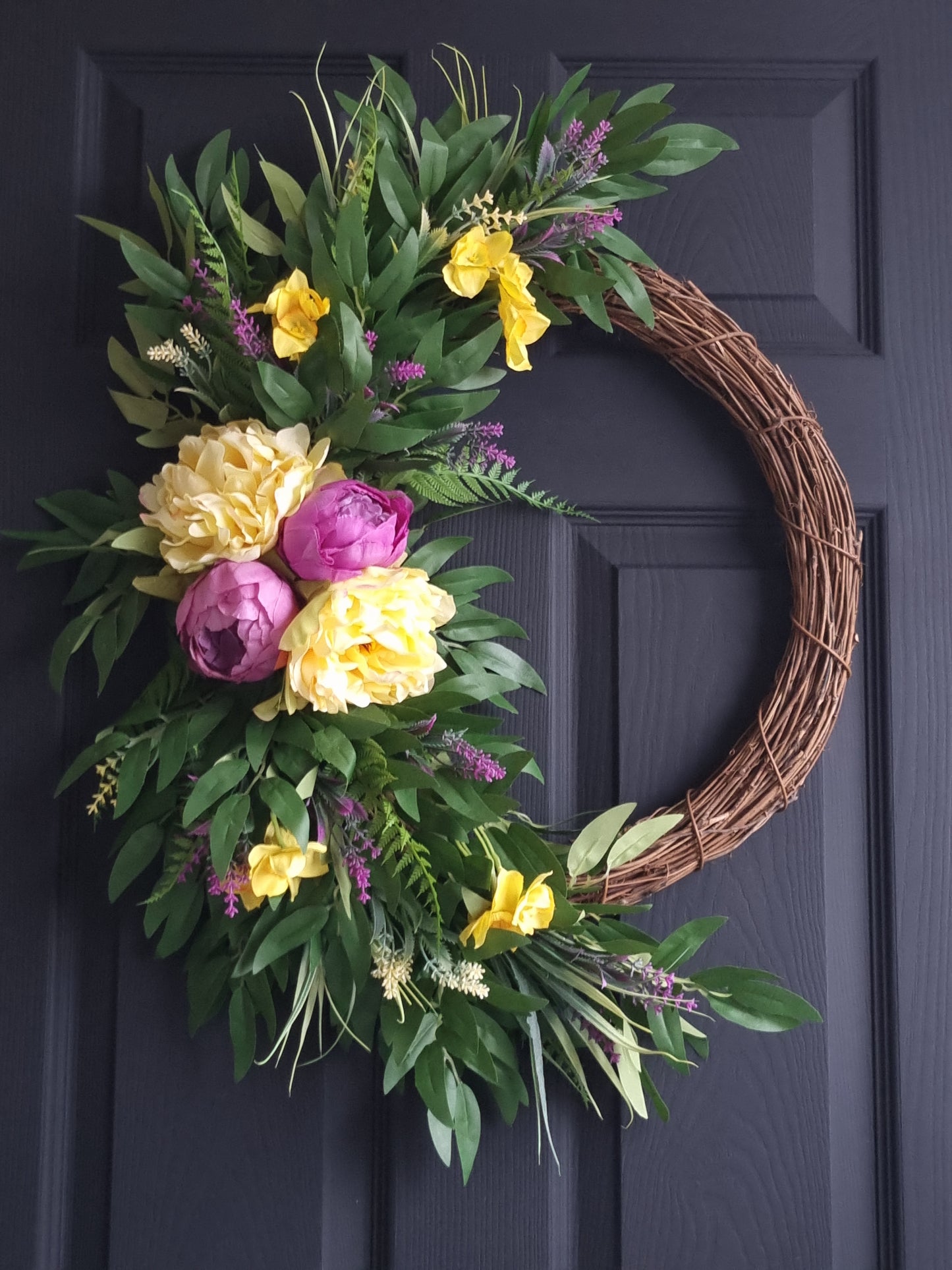 Luxury lilac peony with yellow daffodils front door wreath