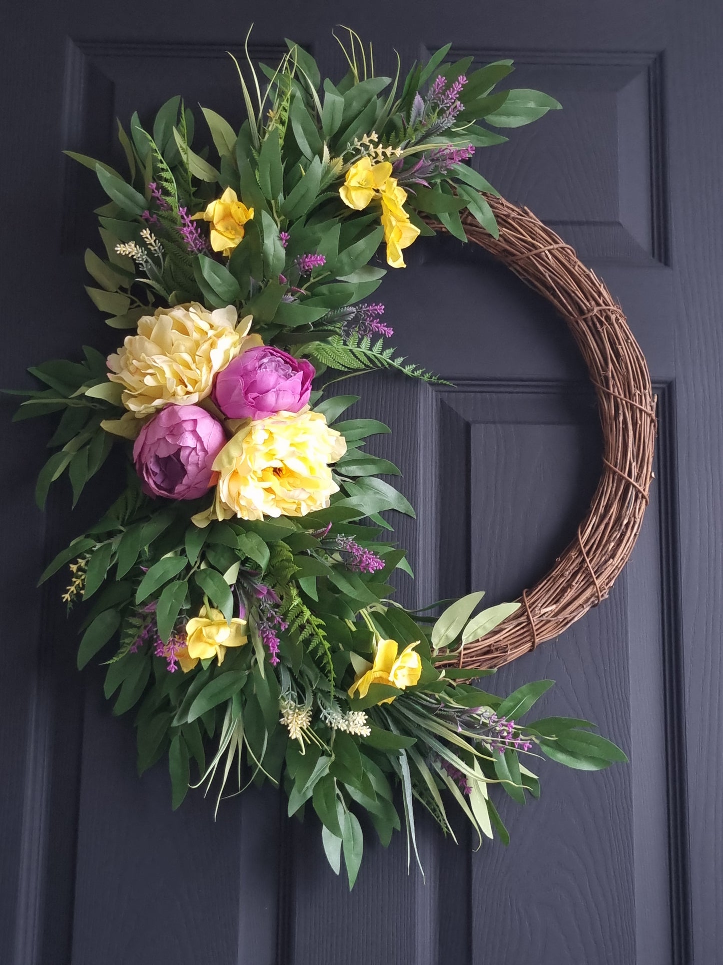 Luxury lilac peony with yellow daffodils front door wreath