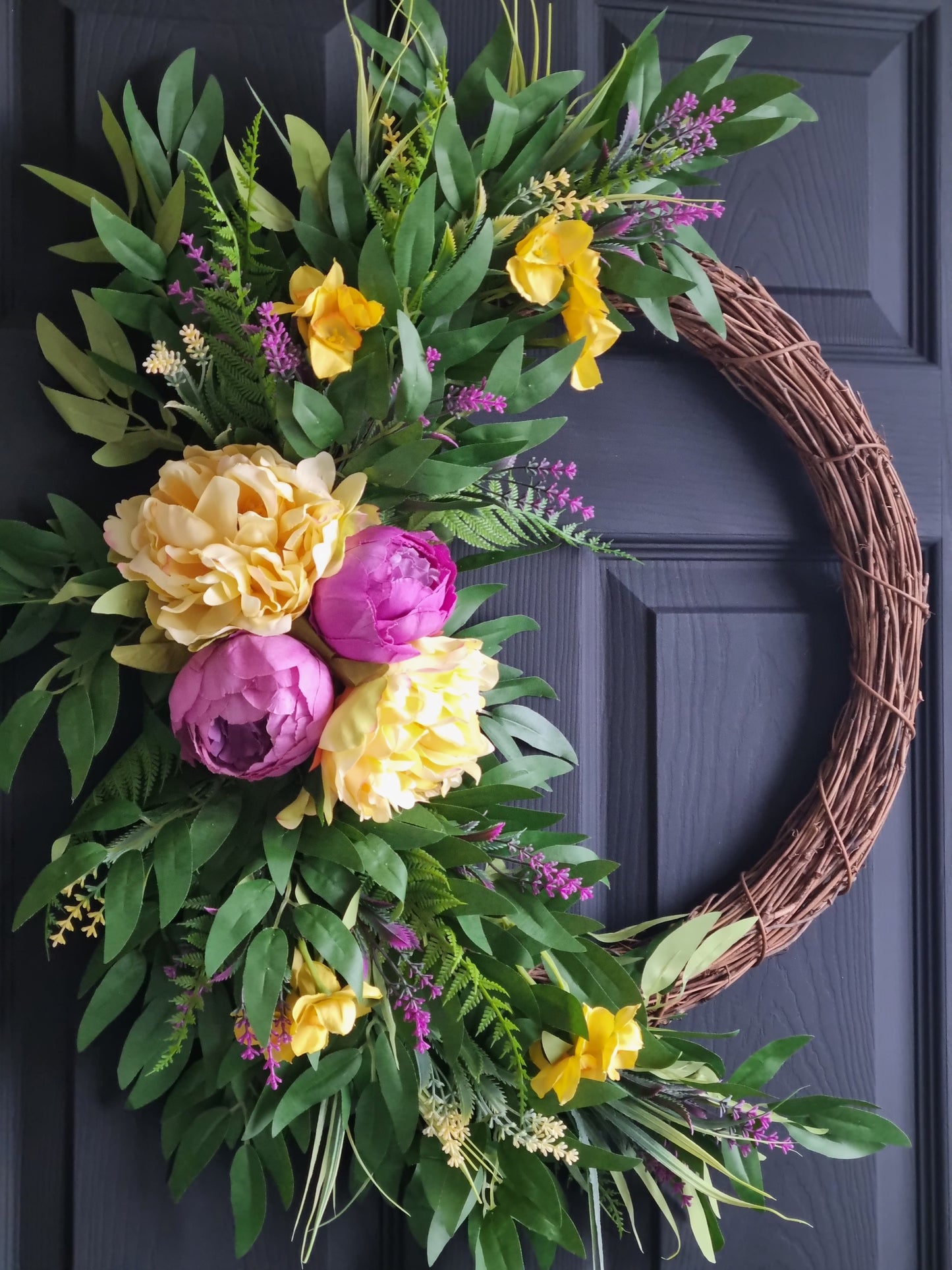 Luxury lilac peony with yellow daffodils front door wreath