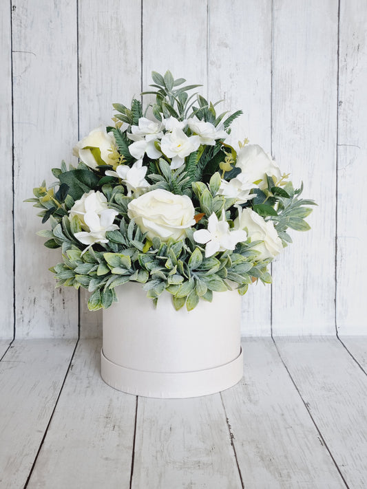 Luxury white rose hatbox floral arrangement