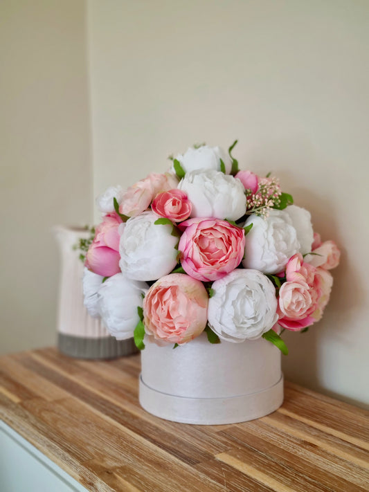 Luxury artificial pink and white peony hatbox