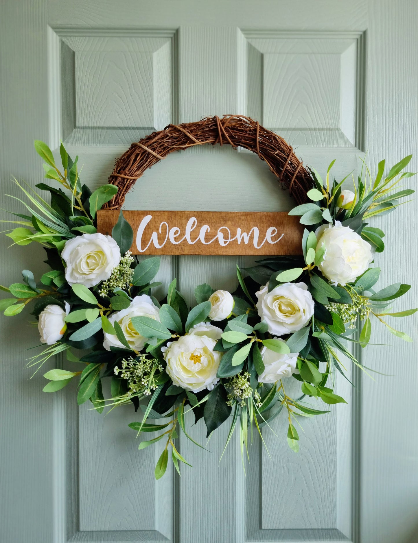 luxury artificial half floral white rose and peony wreath with welcome sign