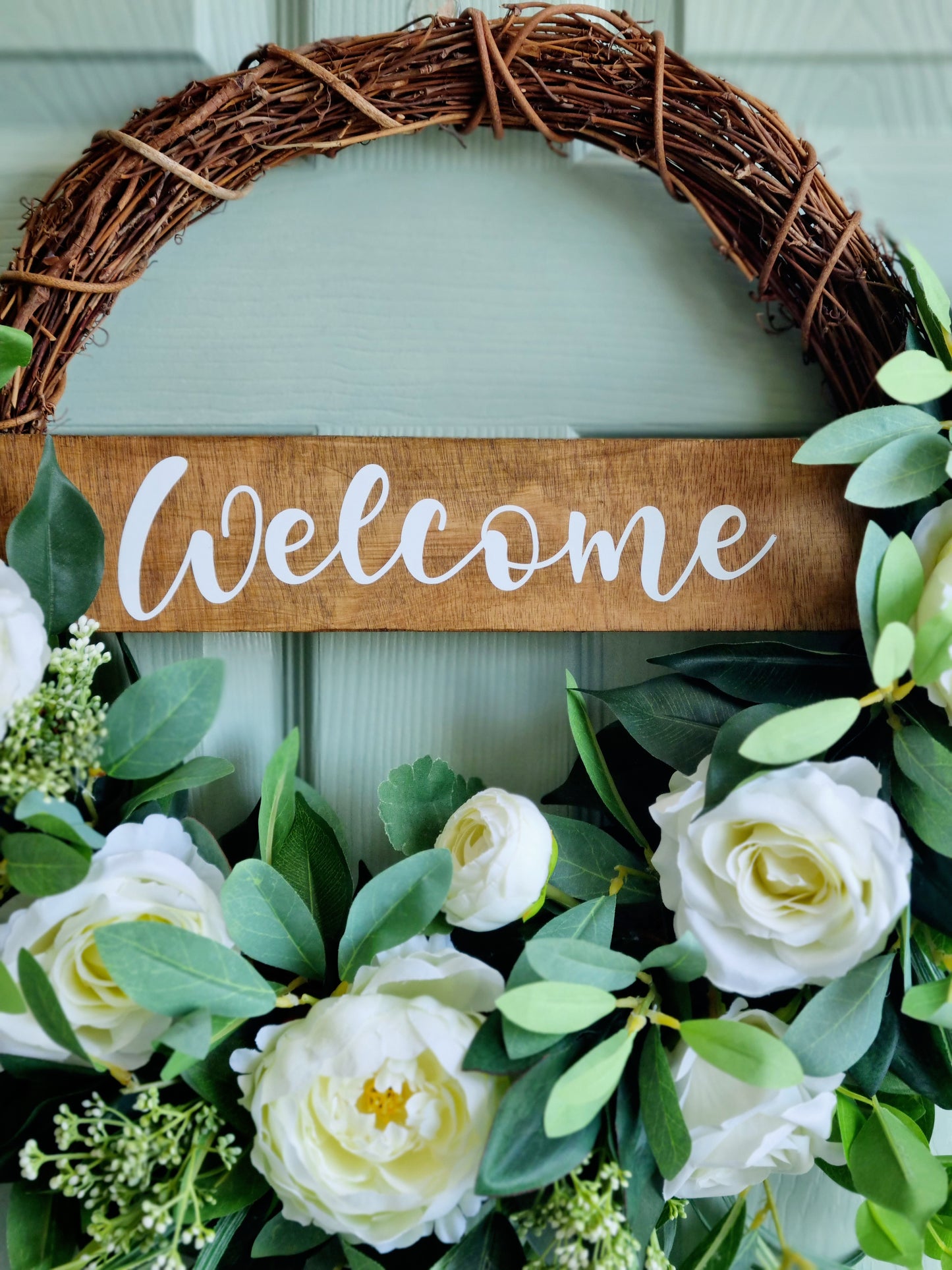 luxury artificial half floral white rose and peony wreath with welcome sign