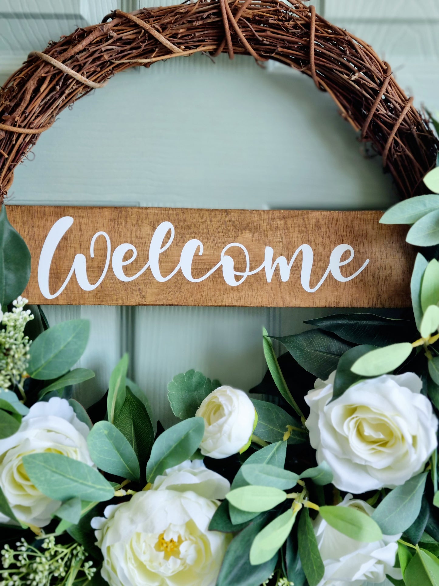 luxury artificial half floral white rose and peony wreath with welcome sign