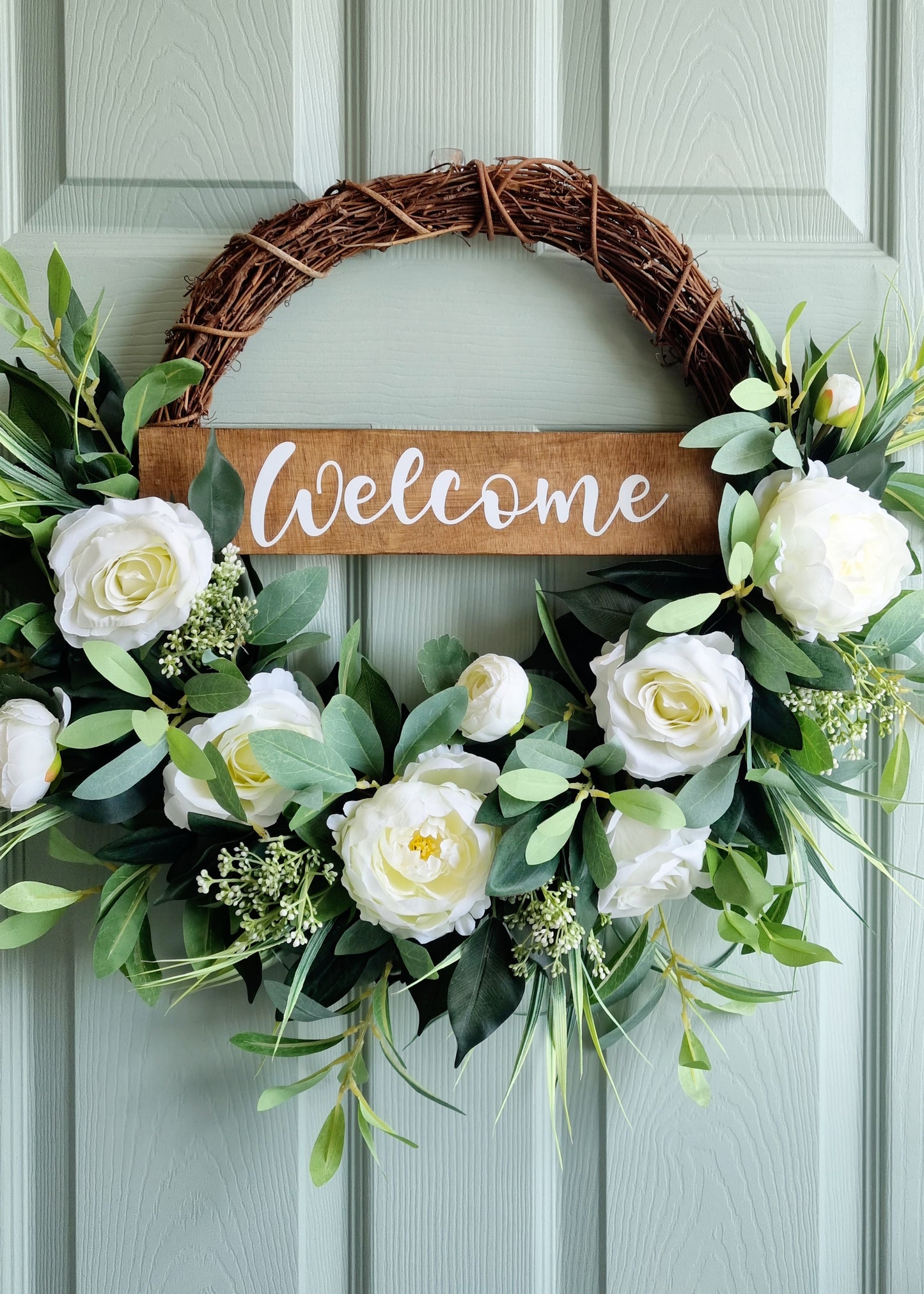 luxury artificial half floral white rose and peony wreath with welcome sign