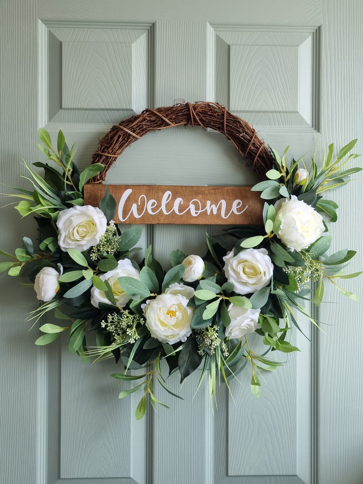 luxury artificial half floral white rose and peony wreath with welcome sign