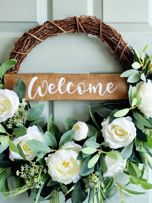 luxury artificial half floral white rose and peony wreath with welcome sign