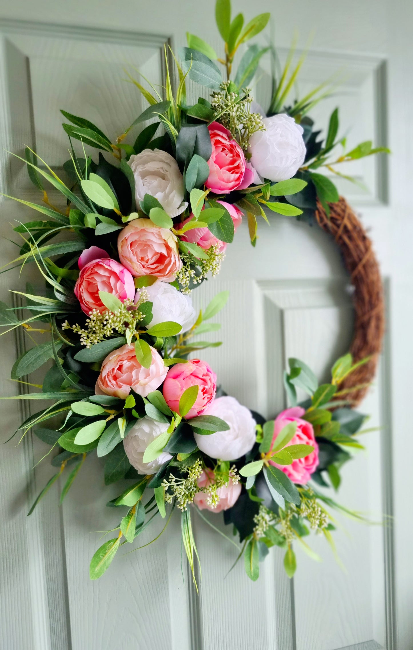 Luxury artificial half white and pink peony front door wreath