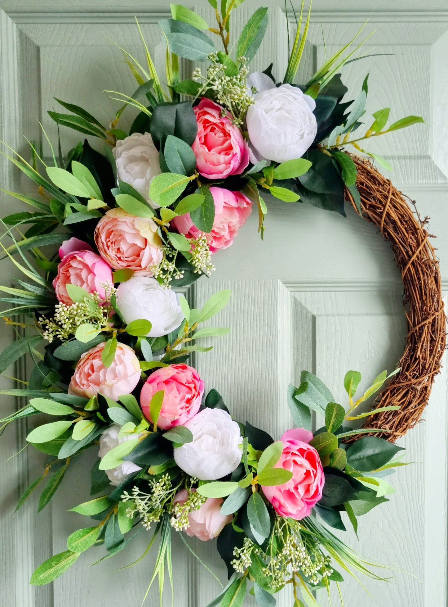 Luxury artificial half white and pink peony front door wreath